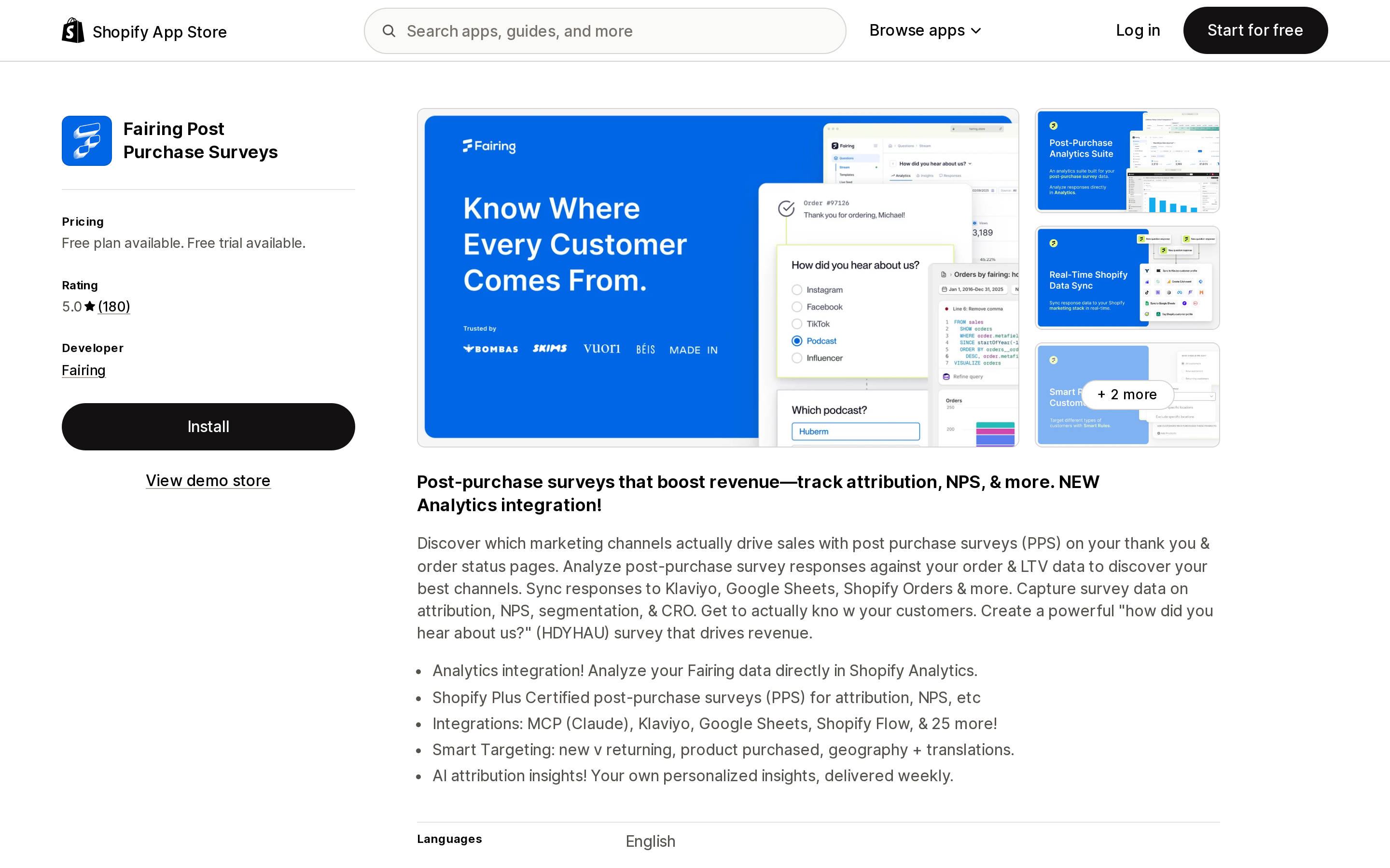 Top of the Shopify App Store listing page for Fairing Post Purchase Surveys