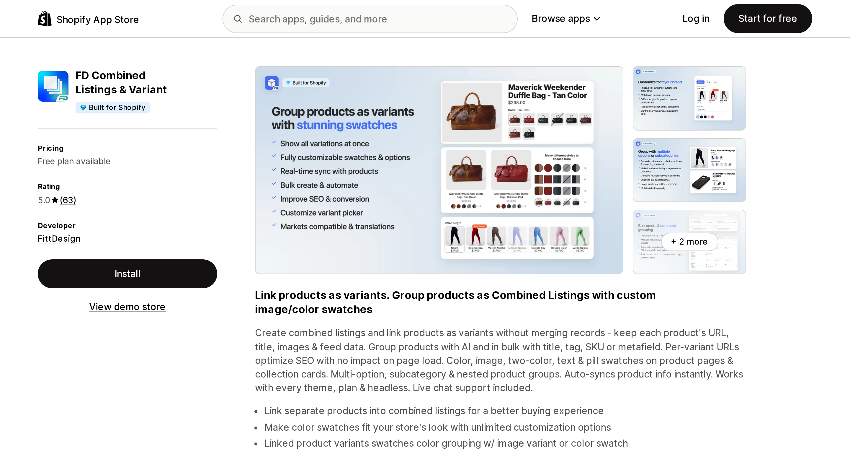 Top of the Shopify App Store listing page for FD Combined Listings & Variant