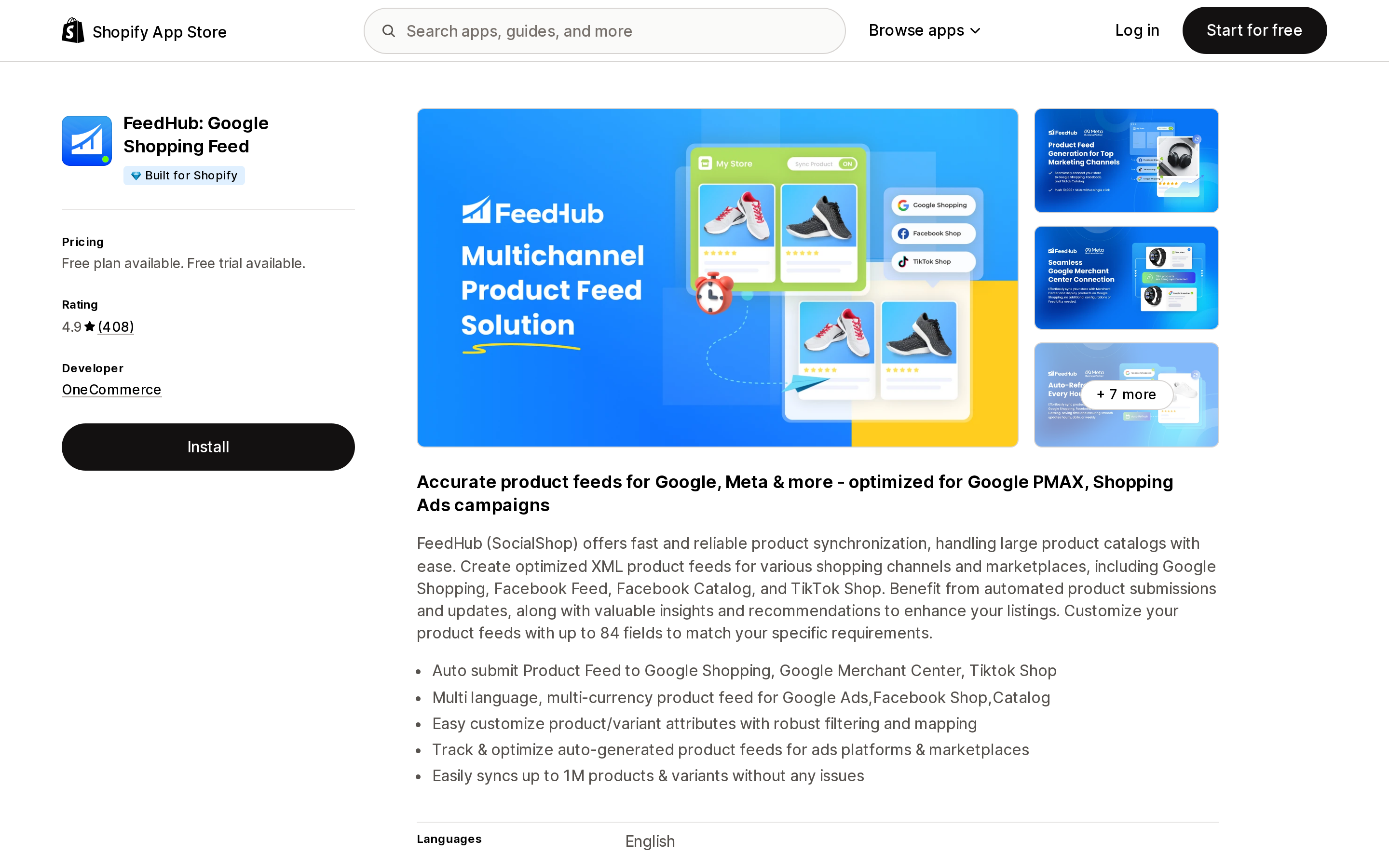 Top of the Shopify App Store listing page for FeedHub: Google Shopping Feed by OneCommerce