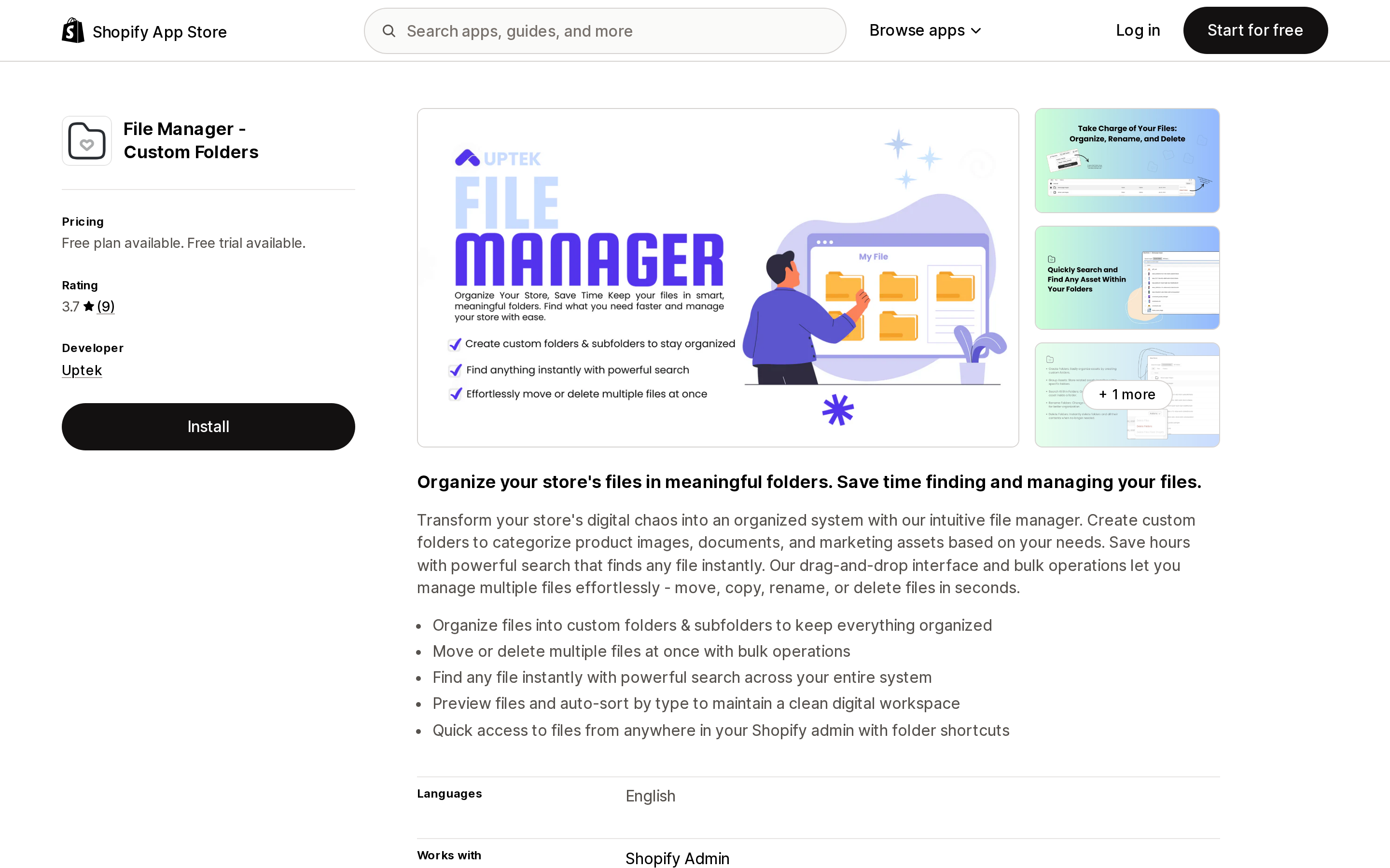 Top of the Shopify App Store listing page for File Manager ‑ Custom Folders by Uptek
