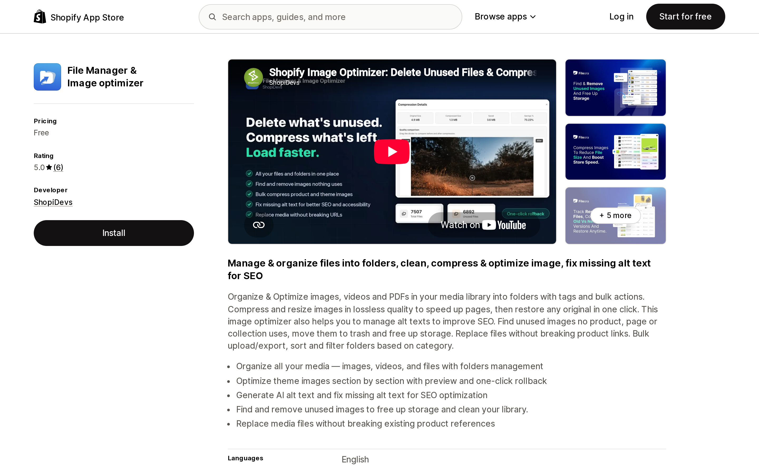 Top of the Shopify App Store listing page for File Manager & Image optimizer by ShopiDevs