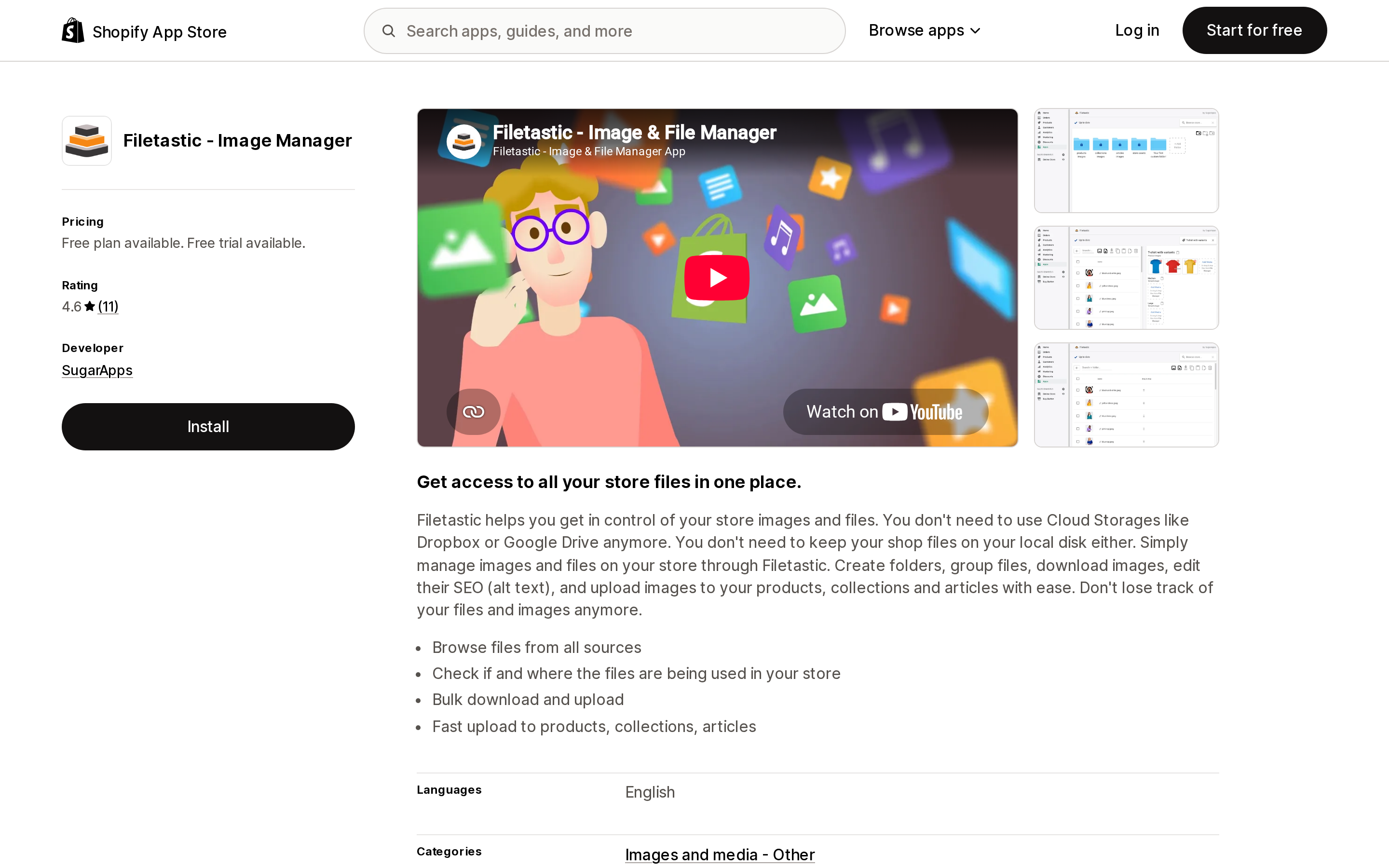 Top of the Shopify App Store listing page for Filetastic ‑ Image Manager by SugarApps
