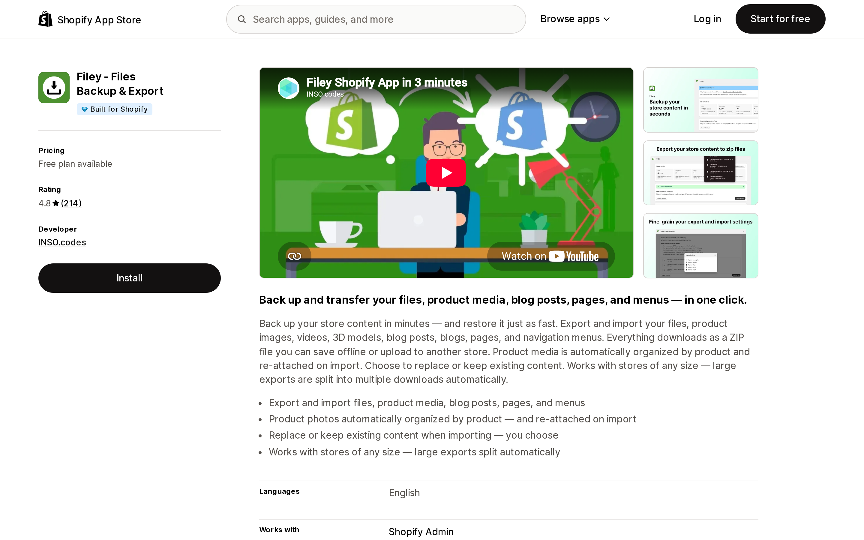 Top of the Shopify App Store listing page for Filey ‑ Files Backup & Export by INSO.codes