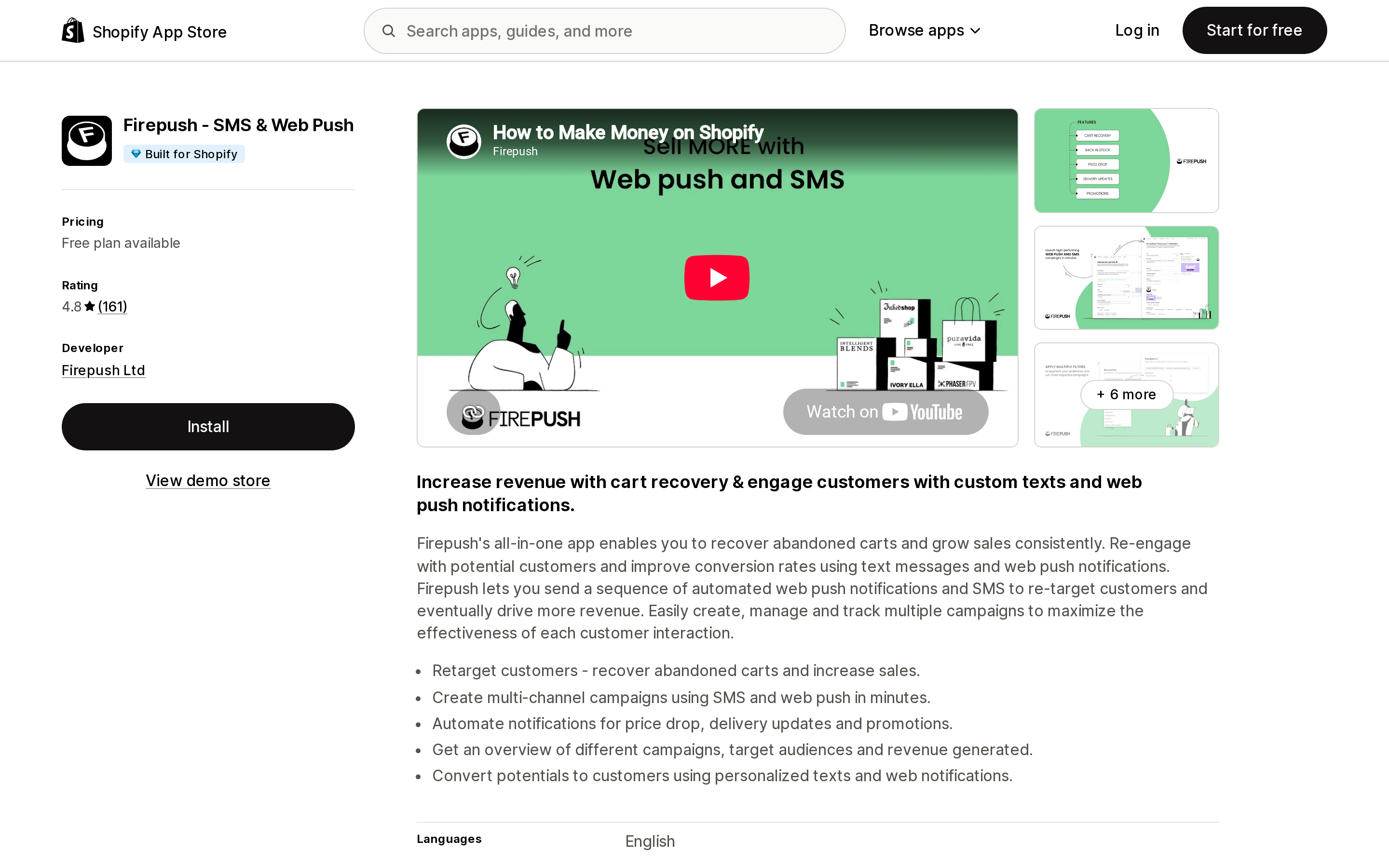Top of the Shopify App Store listing page for Firepush ‑ SMS & Web Push