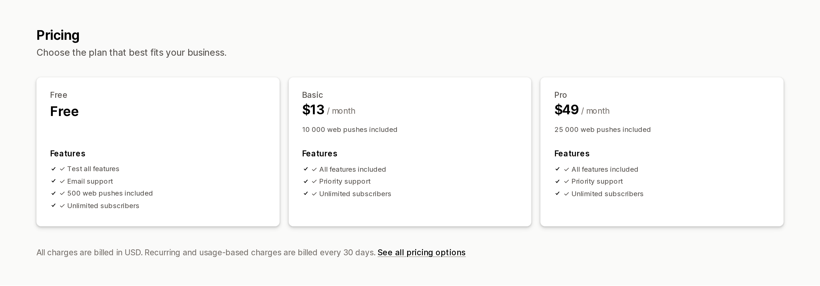 Firepush ‑ SMS & Web Push pricing, showing 500 web pushes on Free, 10,000 on the $13 Basic plan, and 25,000 on the $49 Pro plan, with unlimited subscribers on every tier