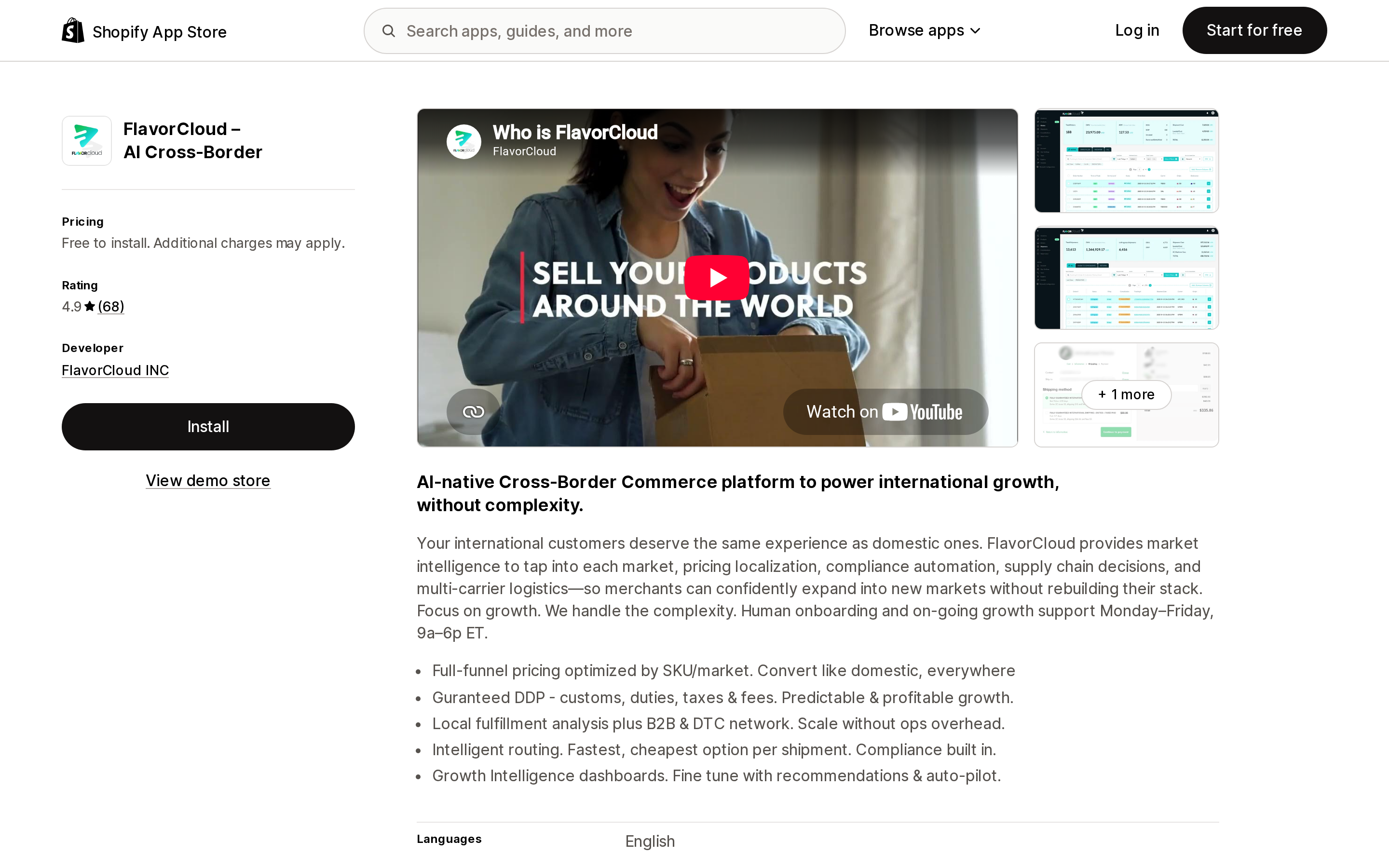 Top of the Shopify App Store listing page for FlavorCloud – AI Cross-Border