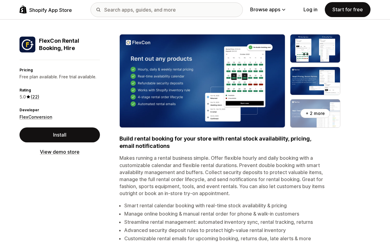 Shopify App Store listing for FlexCon Rental Booking, Hire, showing a free plan and a 5.0 rating from 22 reviews