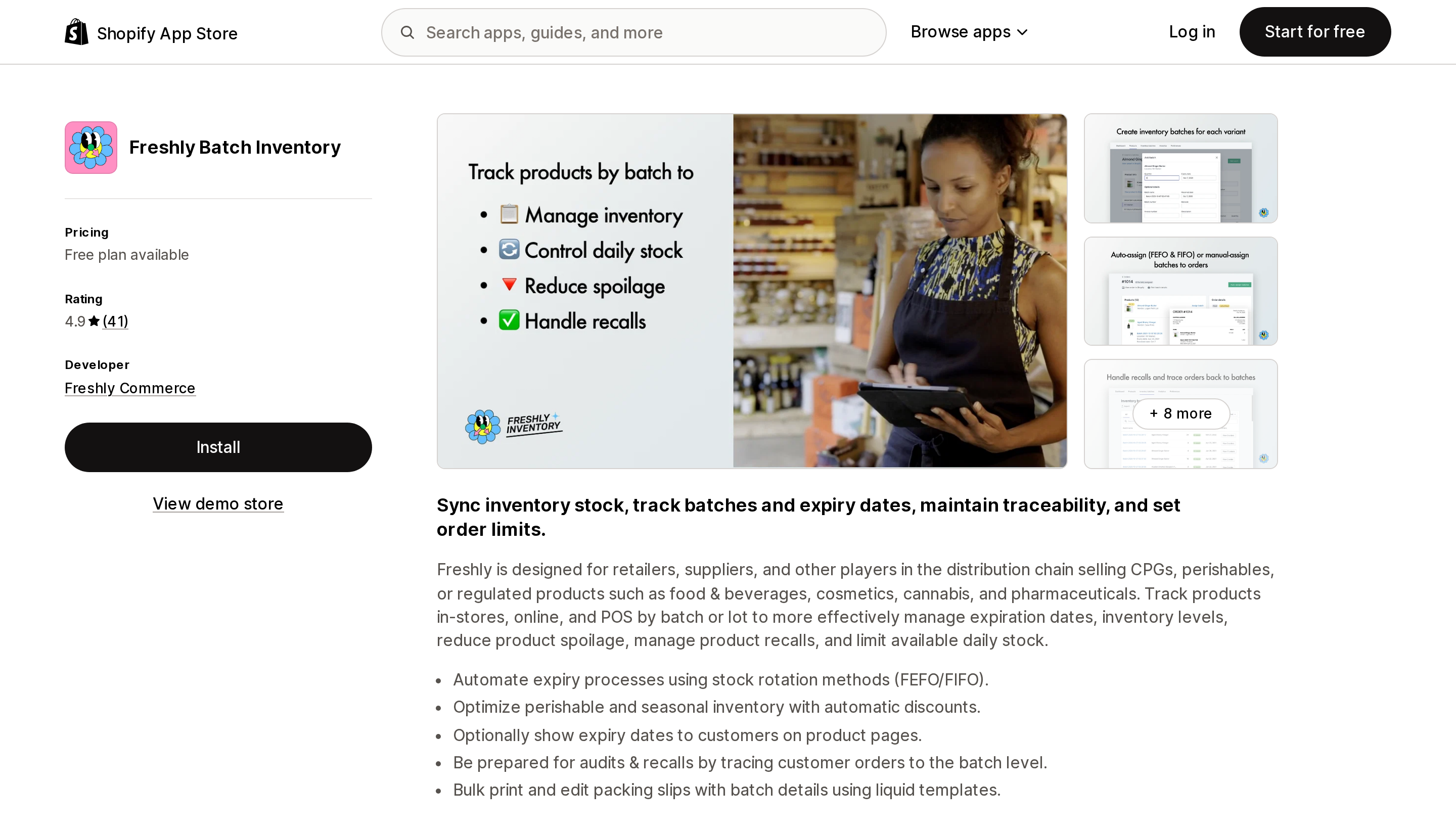 Top of the Shopify App Store listing page for Freshly Batch Inventory, showing its free plan and 4.9 rating