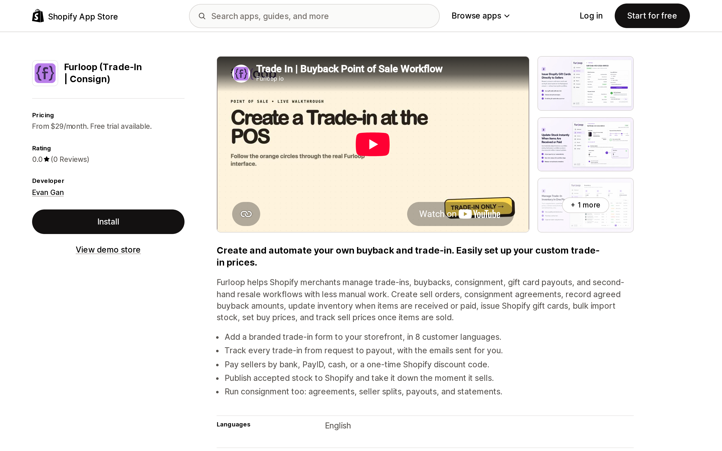 Top of the Shopify App Store listing page for Furloop (Trade‑In | Consign)