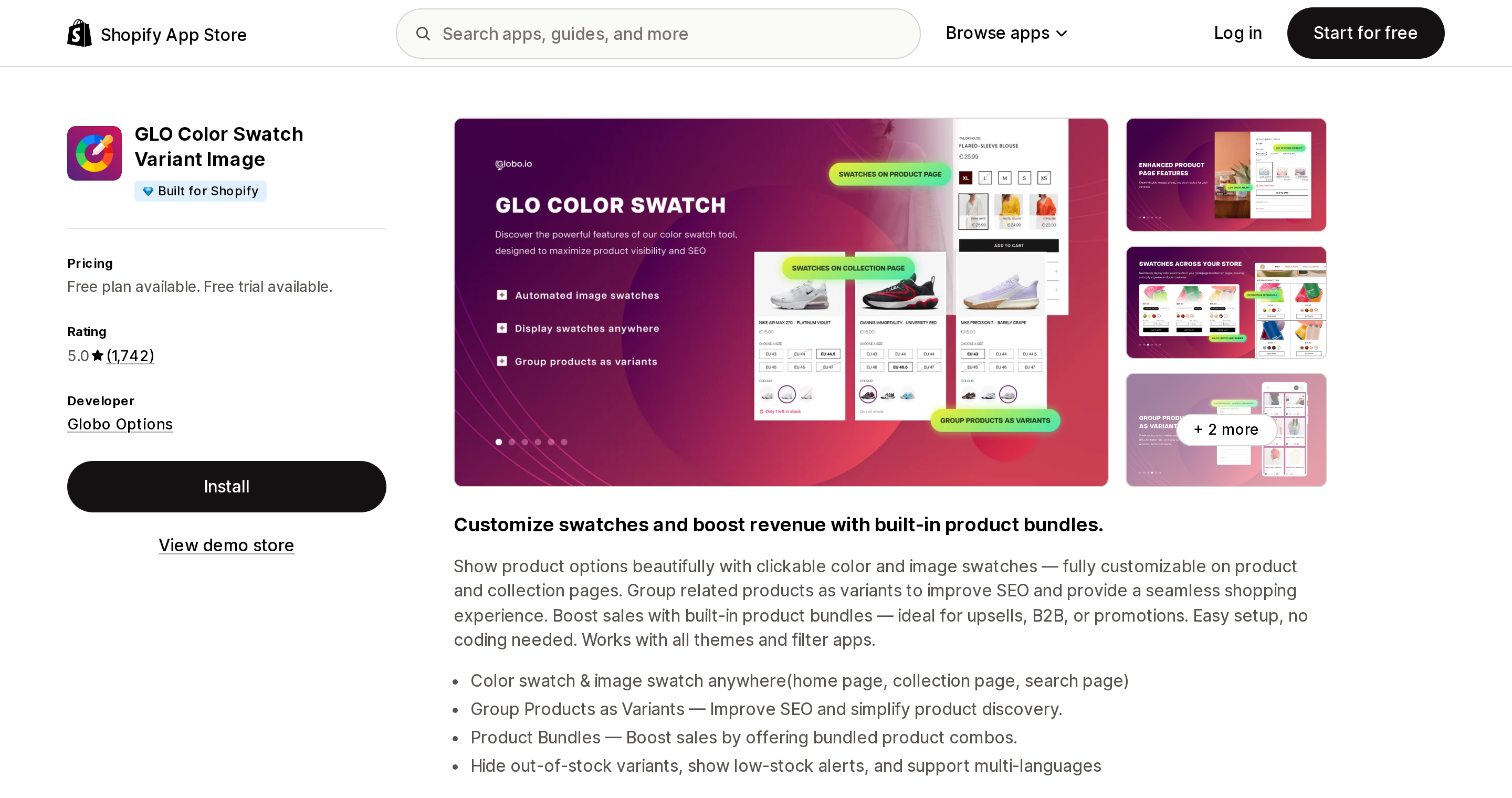 Top of the Shopify App Store listing page for GLO Color Swatch Variant Image