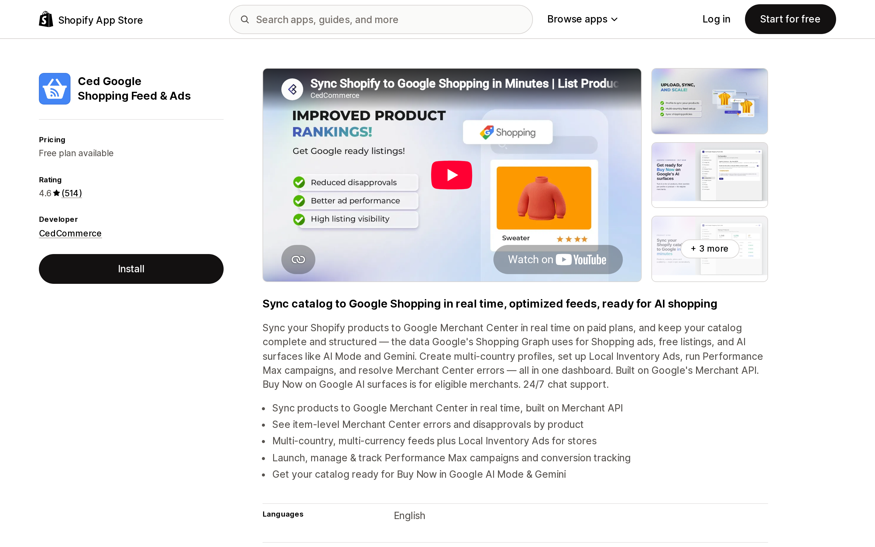 Top of the Shopify App Store listing page for Ced Google Shopping Feed & Ads by CedCommerce