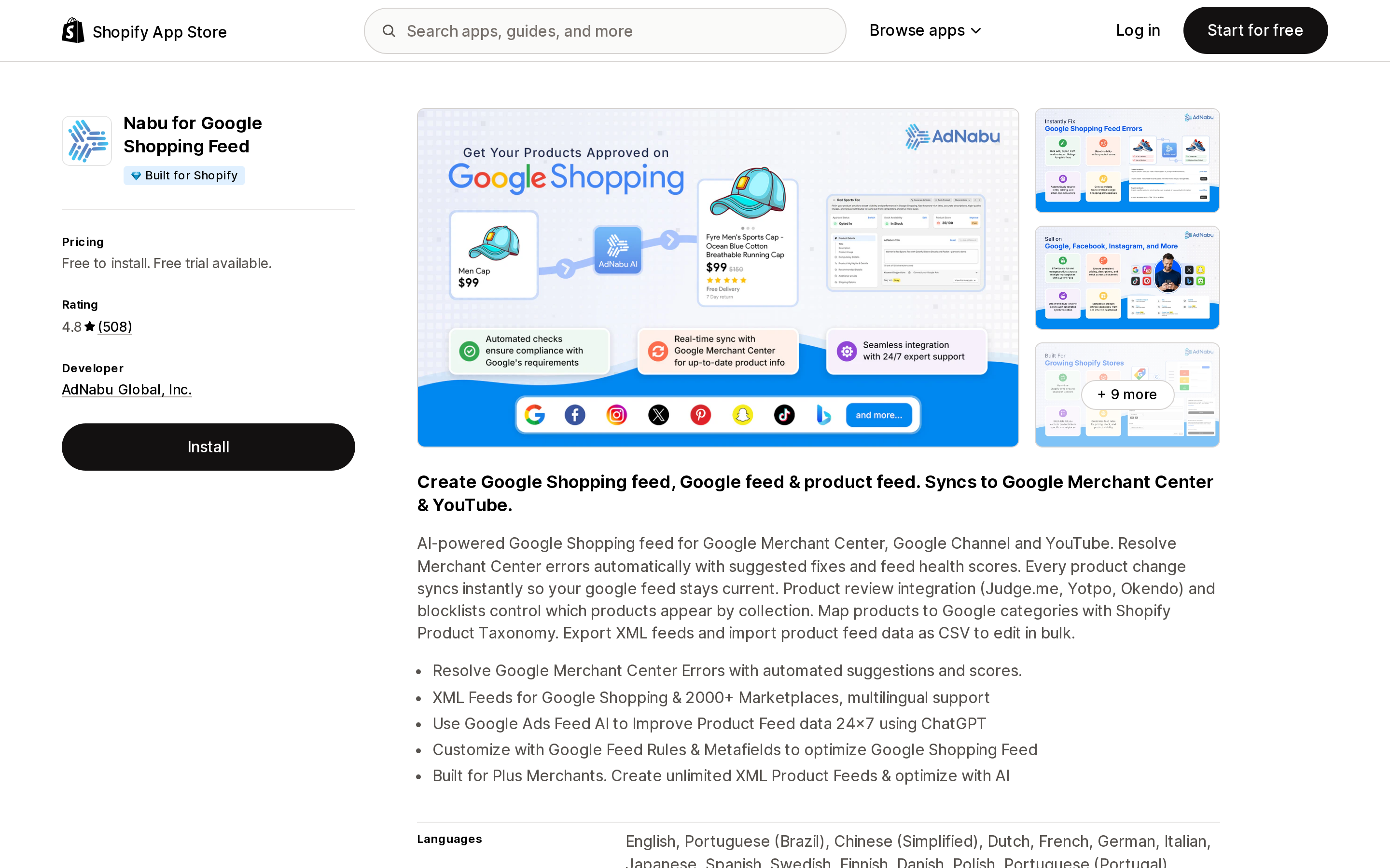 Top of the Shopify App Store listing page for Nabu for Google Shopping Feed by AdNabu Global, Inc.