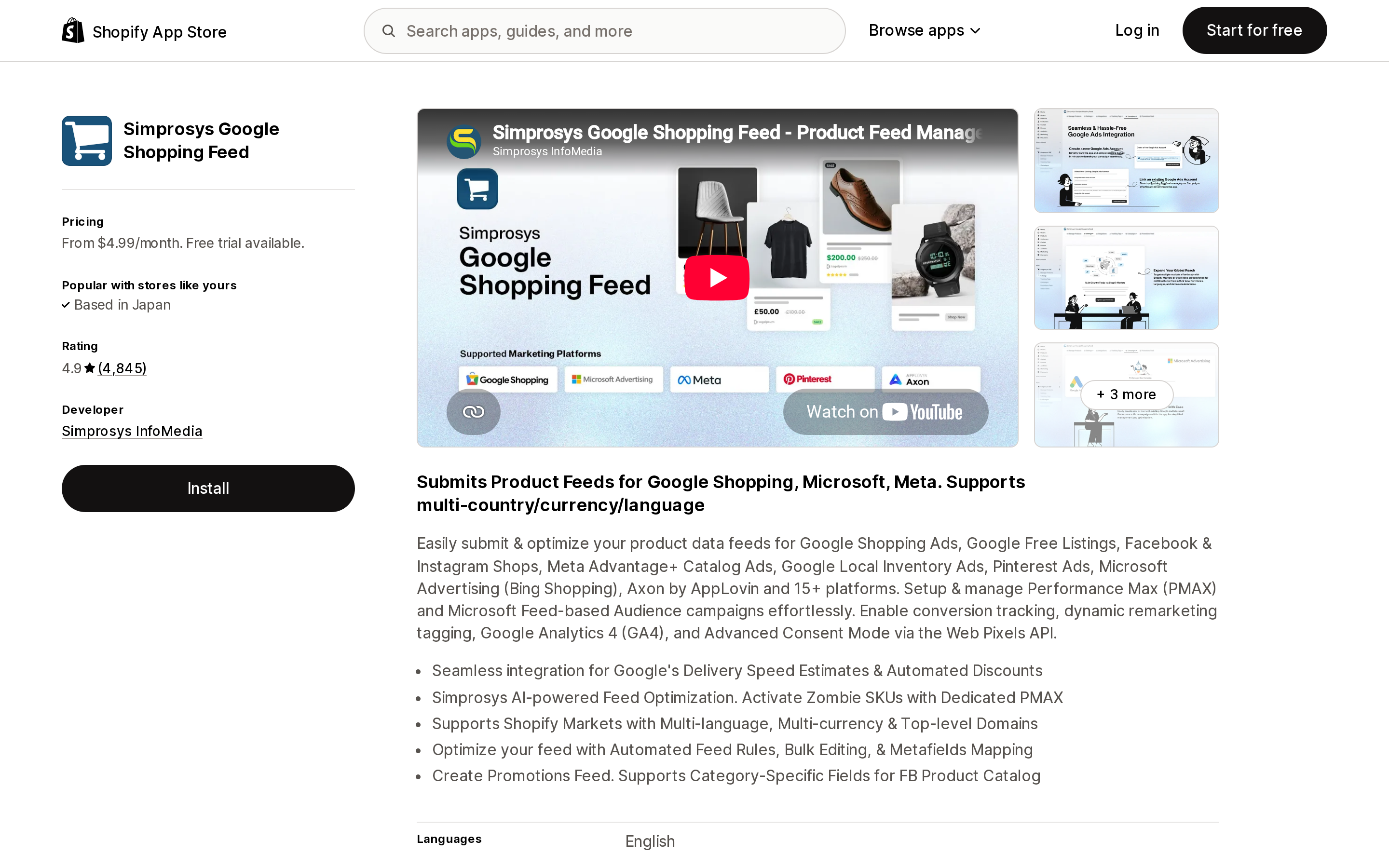 Top of the Shopify App Store listing page for Simprosys Google Shopping Feed by Simprosys InfoMedia