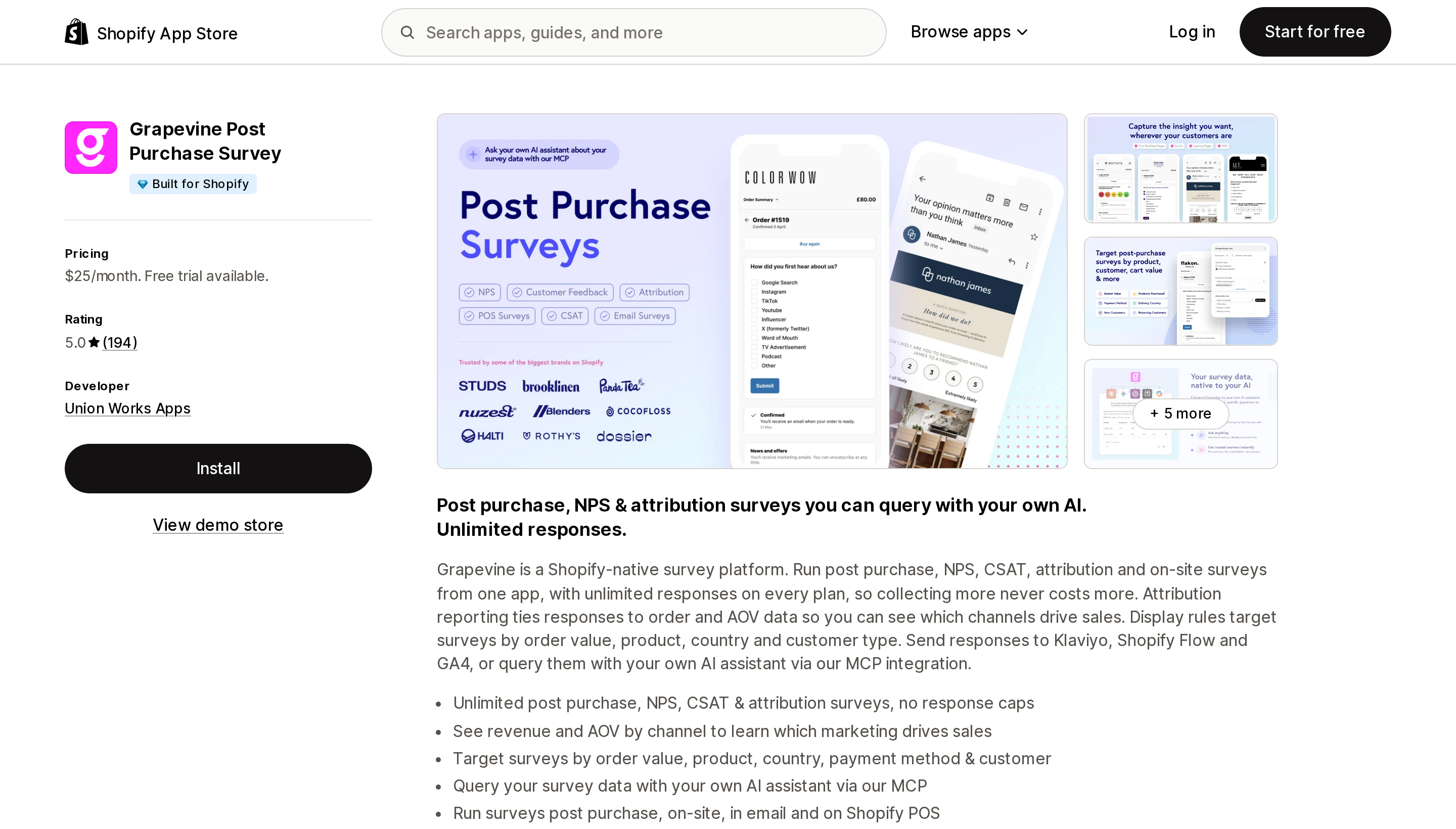 Top of the Shopify App Store listing page for Grapevine Post Purchase Survey, showing the Built for Shopify badge