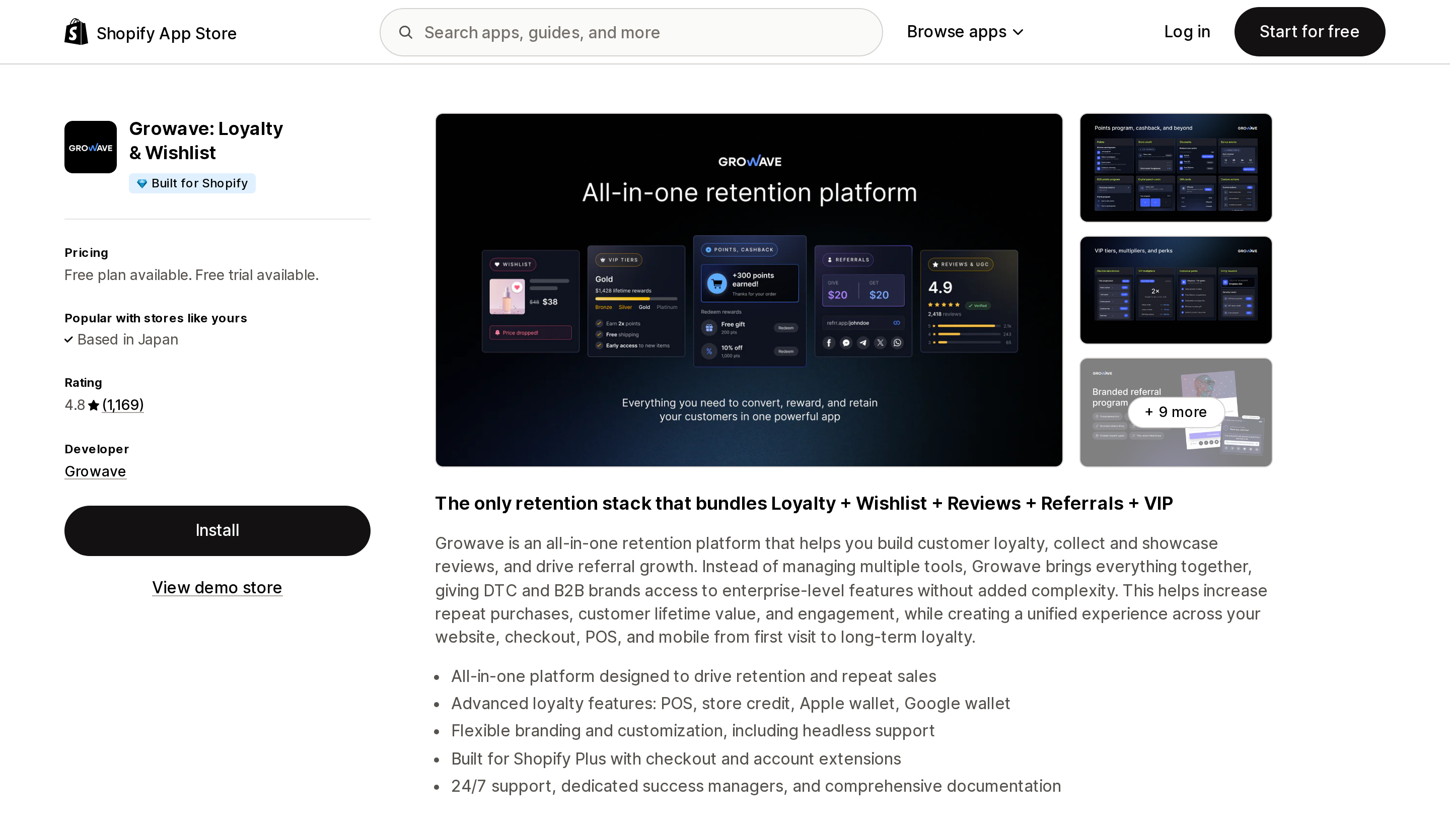 Top of the Shopify App Store listing page for Growave: Loyalty and Wishlist