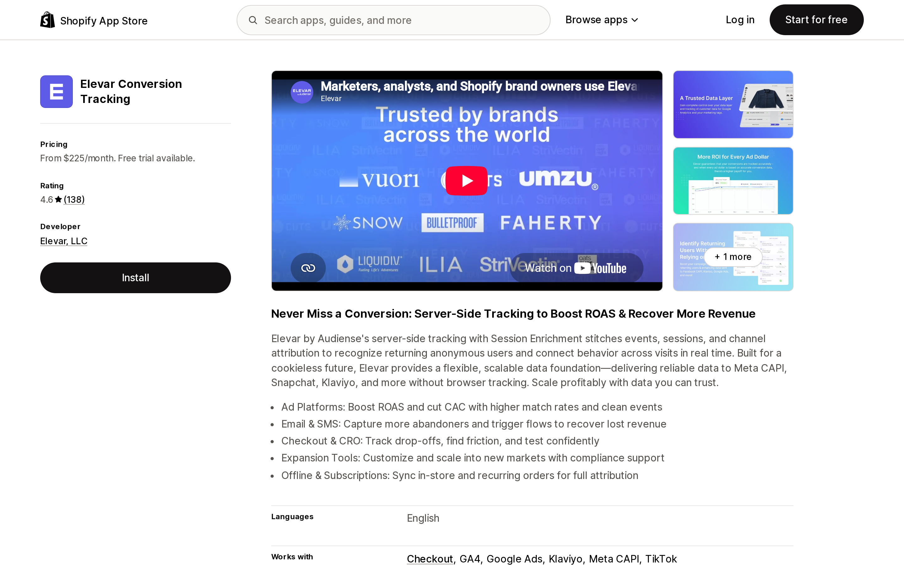 Top of the Shopify App Store listing page for Elevar Conversion Tracking