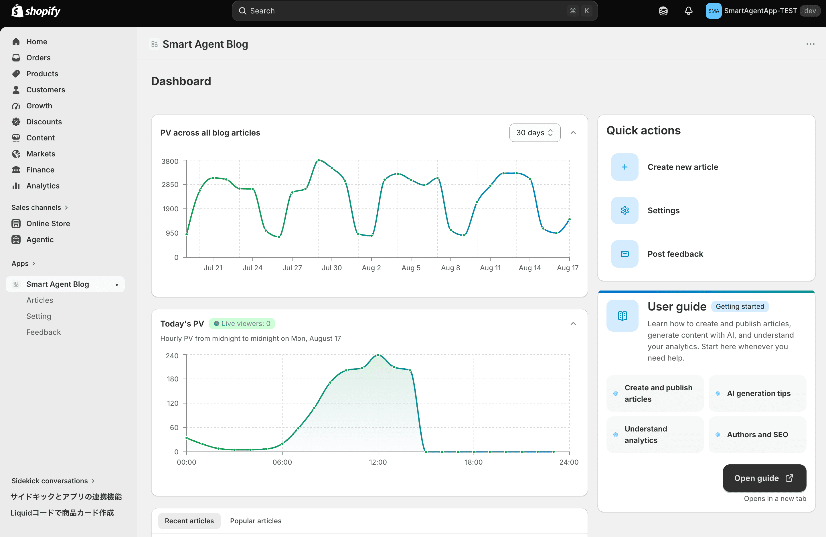 The Smart Agent Blog home screen, with the app menu on the left, the page view charts in the middle, and Quick actions and User guide on the right