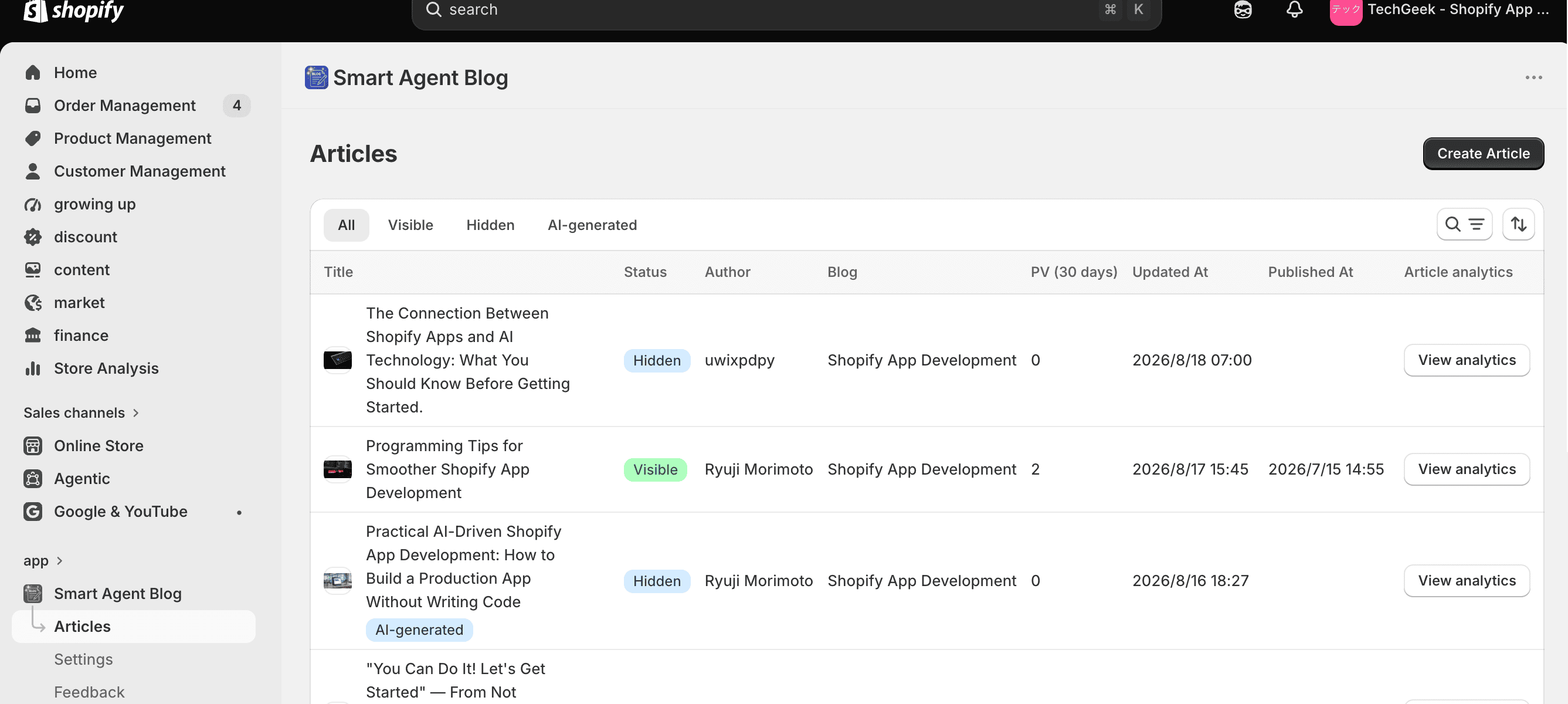 The article list, with a View analytics button at the end of every row