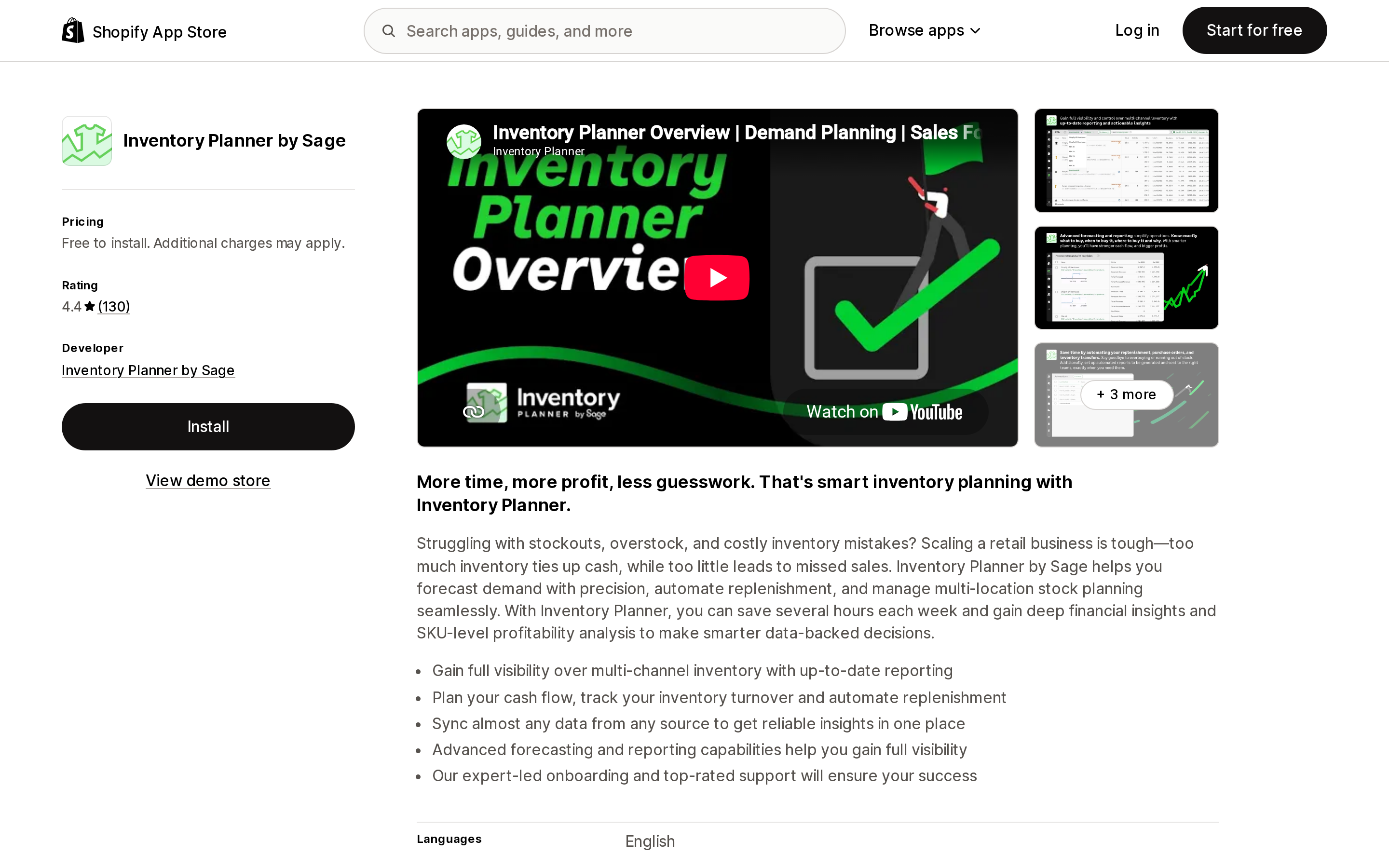 Top of the Shopify App Store listing page for Inventory Planner by Sage