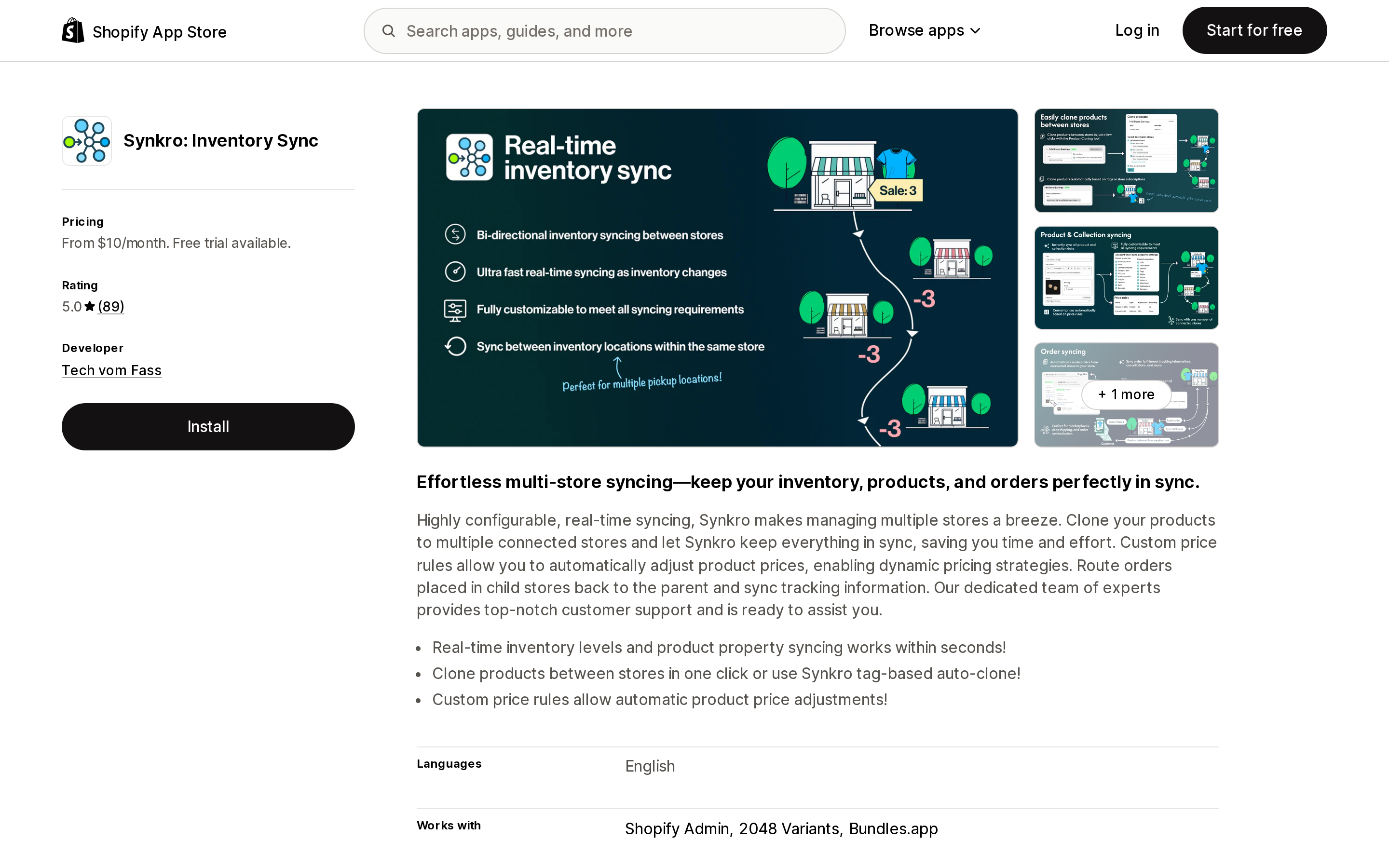 Top of the Shopify App Store listing page for Synkro: Inventory Sync
