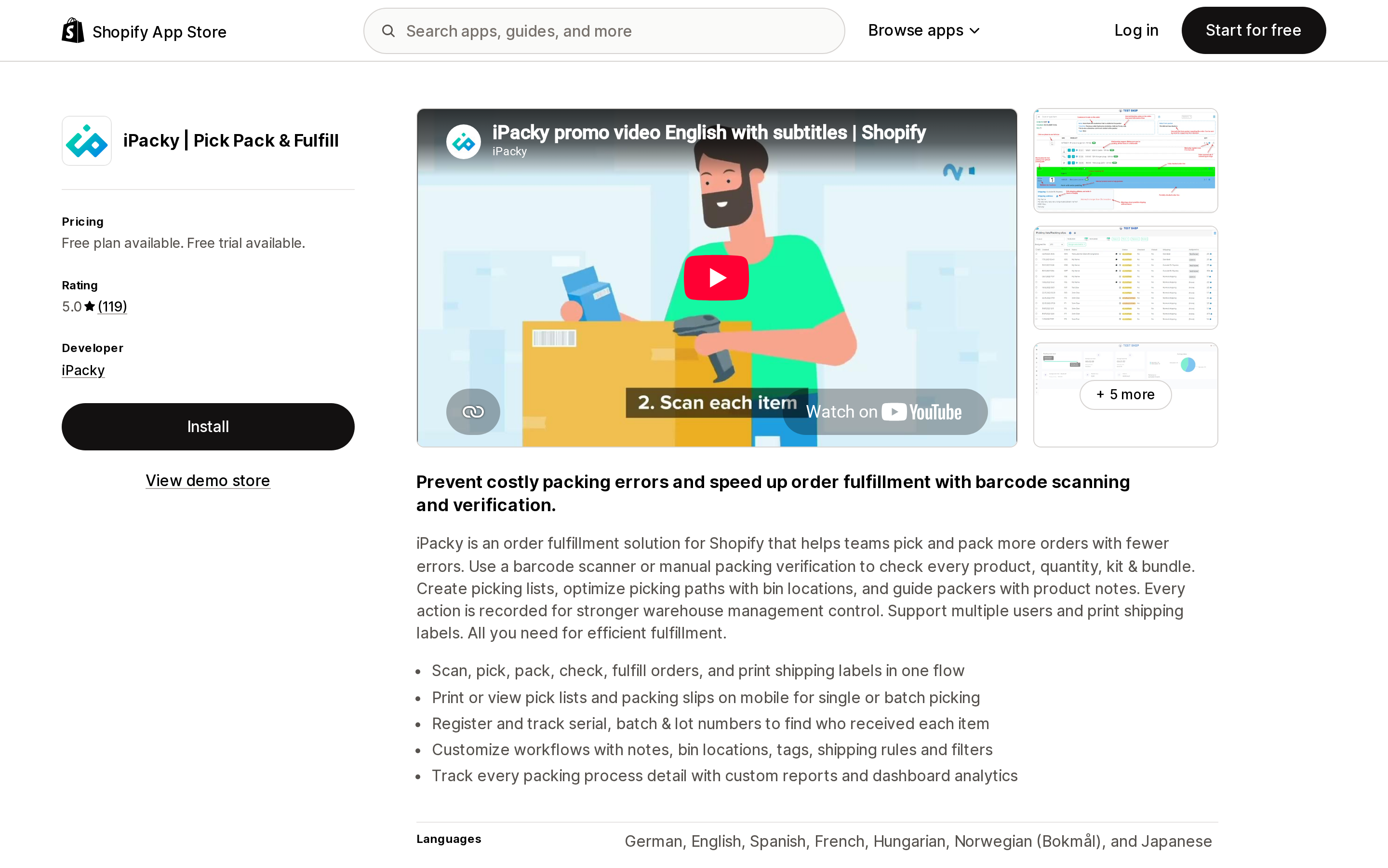 Top of the Shopify App Store listing page for iPacky | Pick Pack & Fulfill