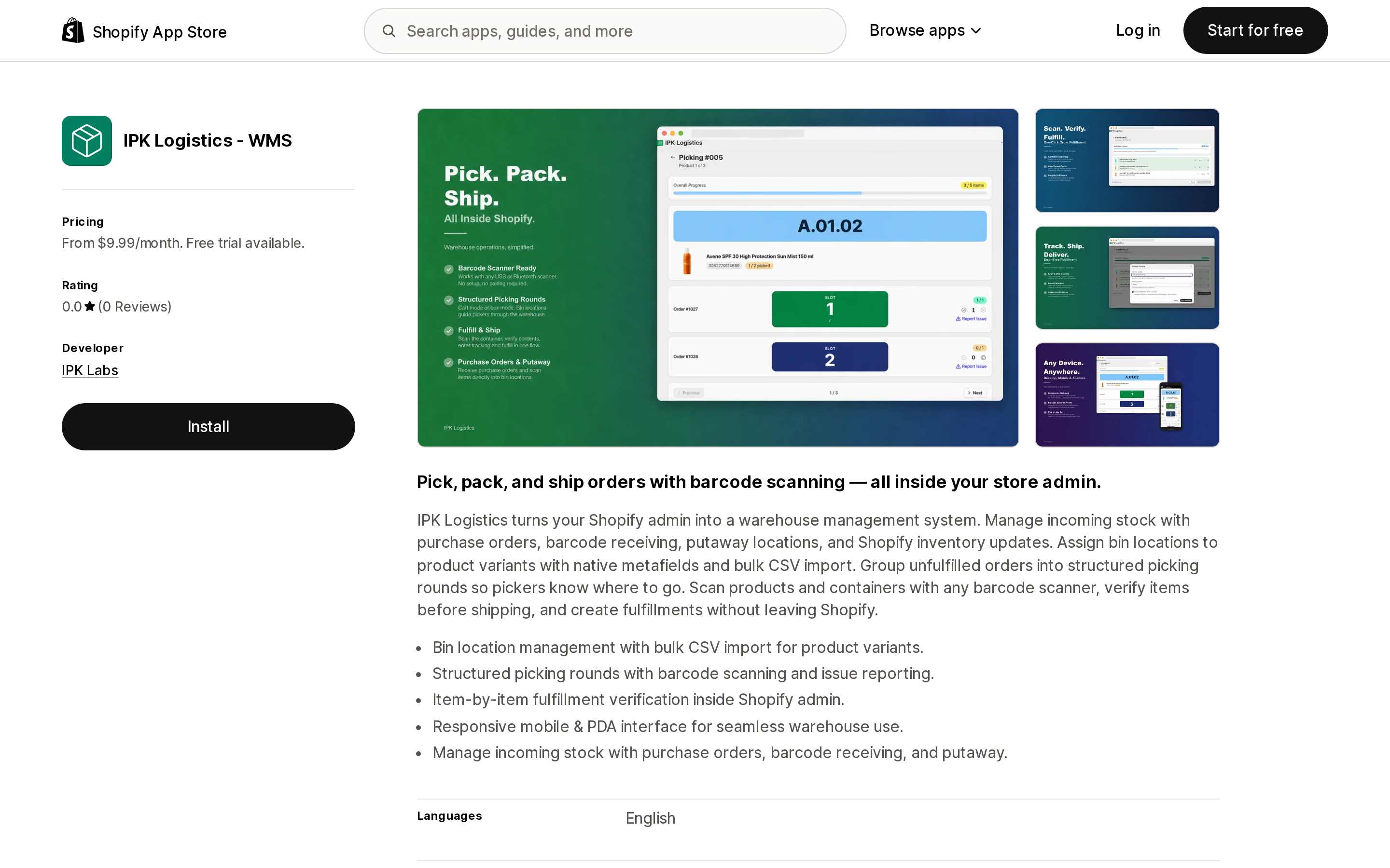 Top of the Shopify App Store listing page for IPK Logistics ‑ WMS