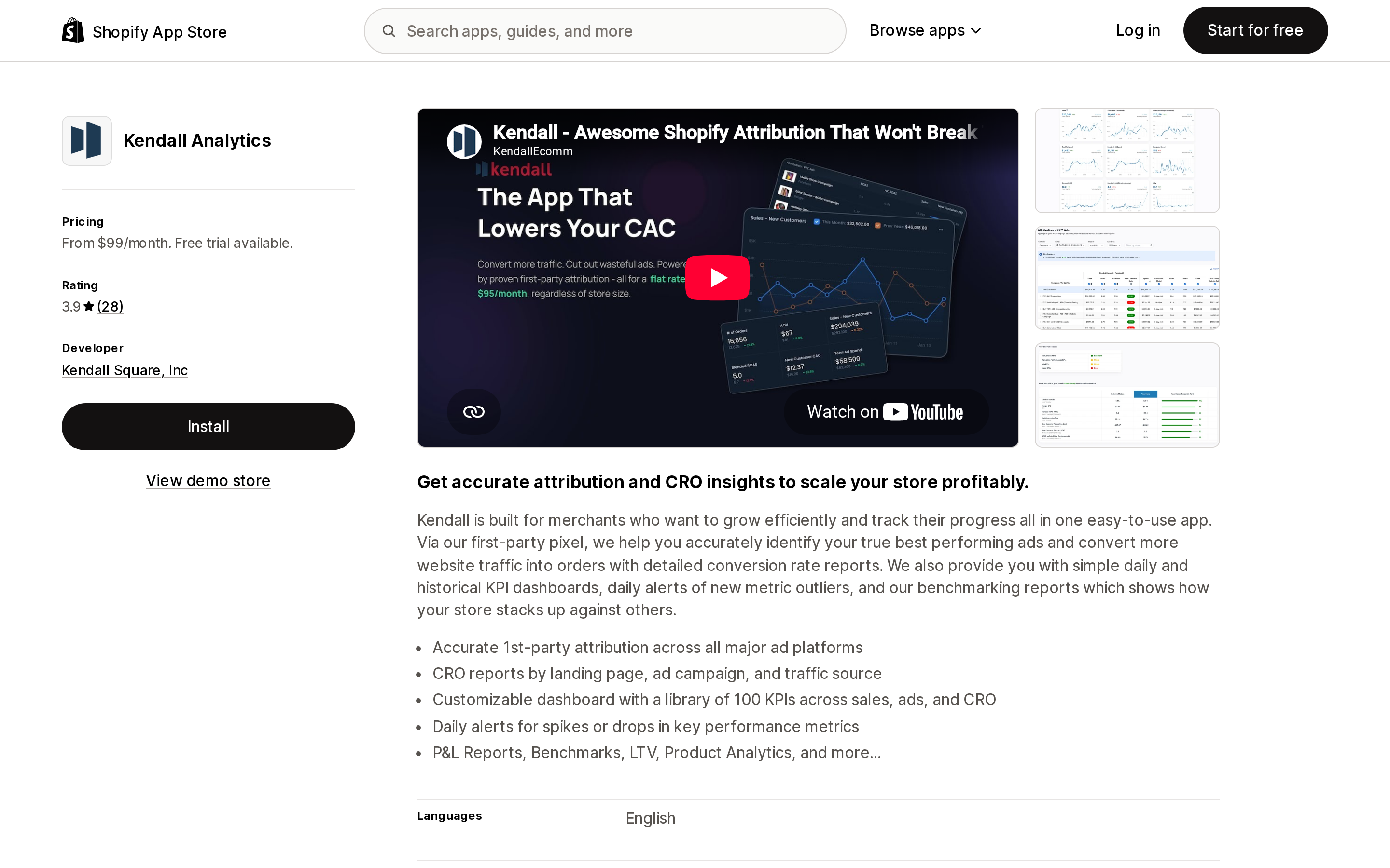 Top of the Shopify App Store listing page for Kendall Analytics