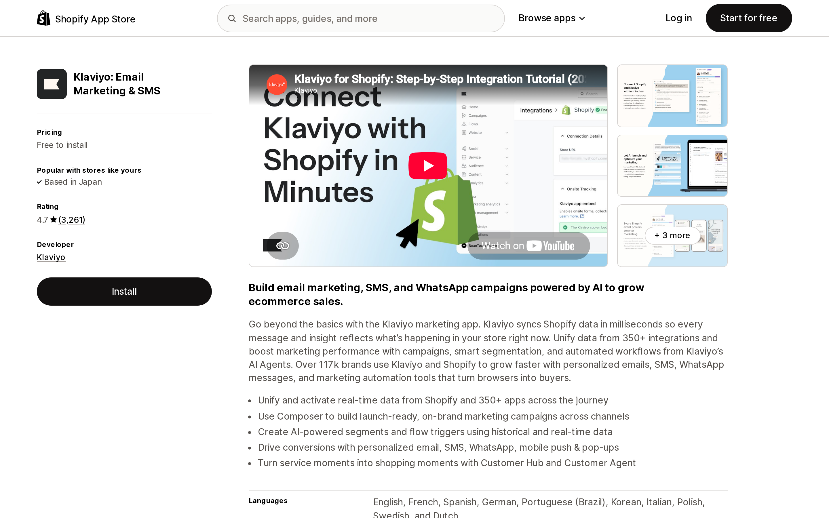 Top of the Shopify App Store listing page for Klaviyo: Email Marketing & SMS
