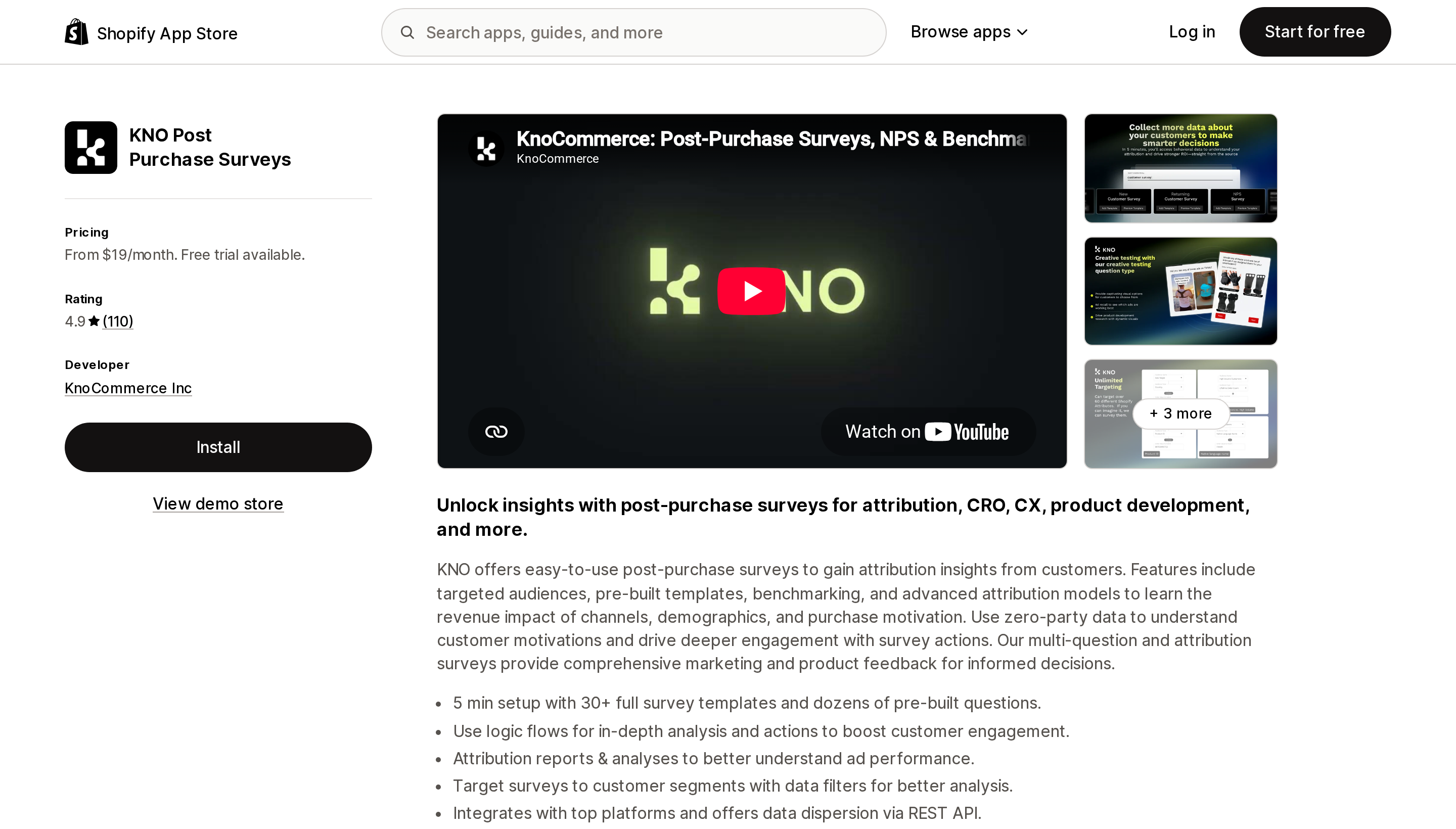 Top of the Shopify App Store listing page for KNO Post Purchase Surveys