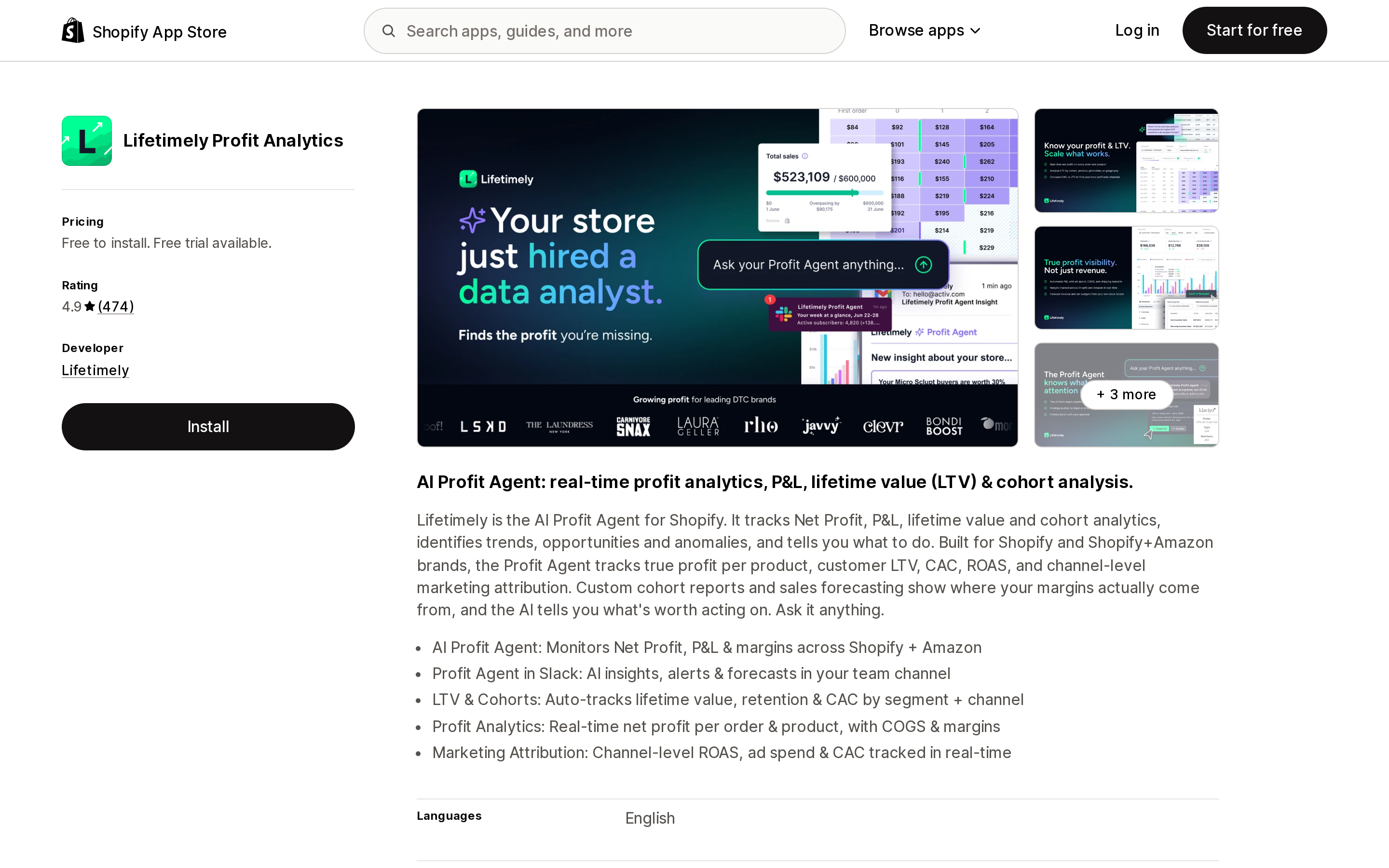 Lifetimely Profit Analytics listing on the English Shopify App Store, showing the 4.9 rating from 474 reviews and the order-volume pricing tiers