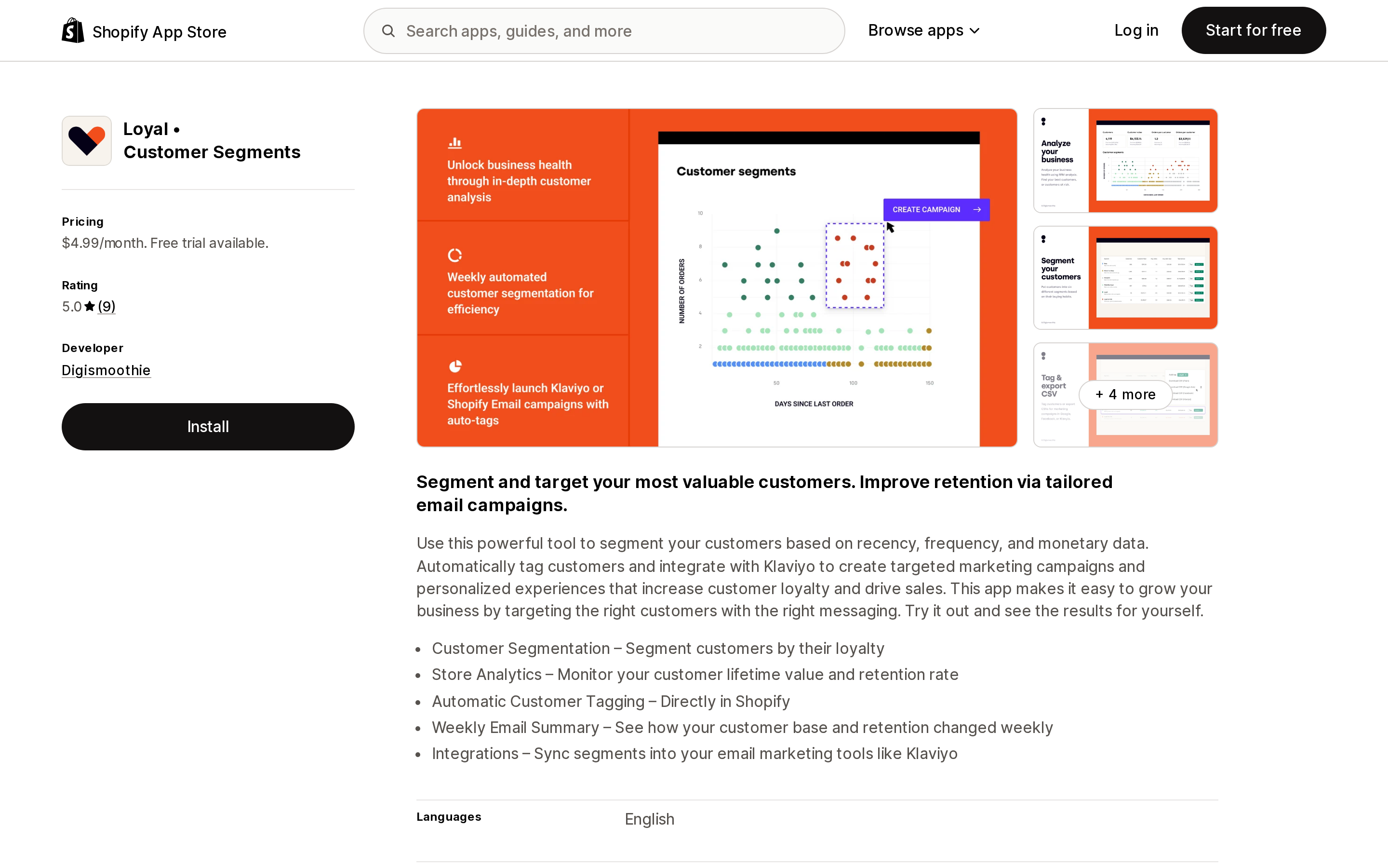 Top of the Shopify App Store listing page for Loyal Customer Segments by Digismoothie