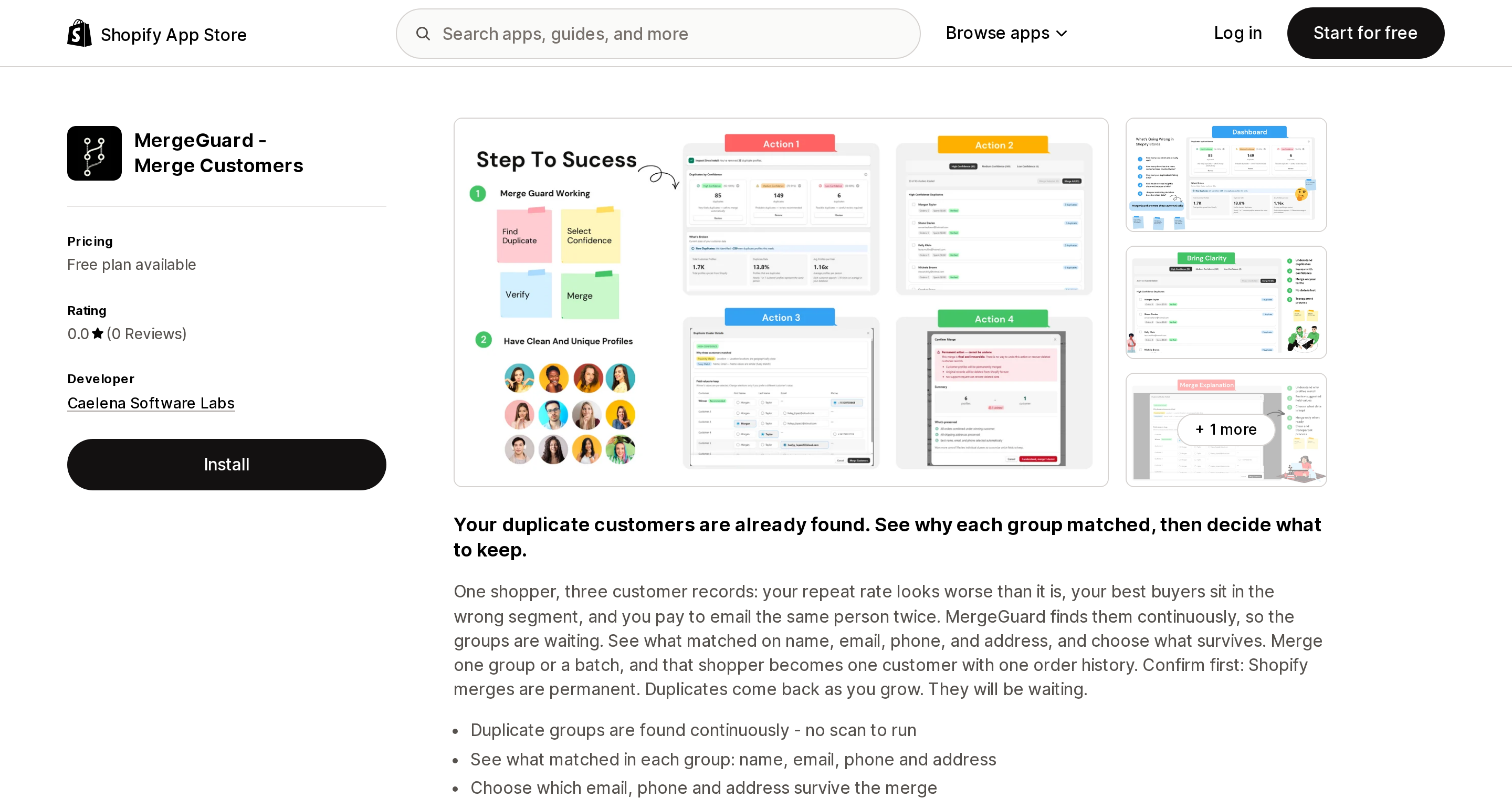 Top of the Shopify App Store listing page for MergeGuard ‑ Merge Customers, showing its pricing plans and review count