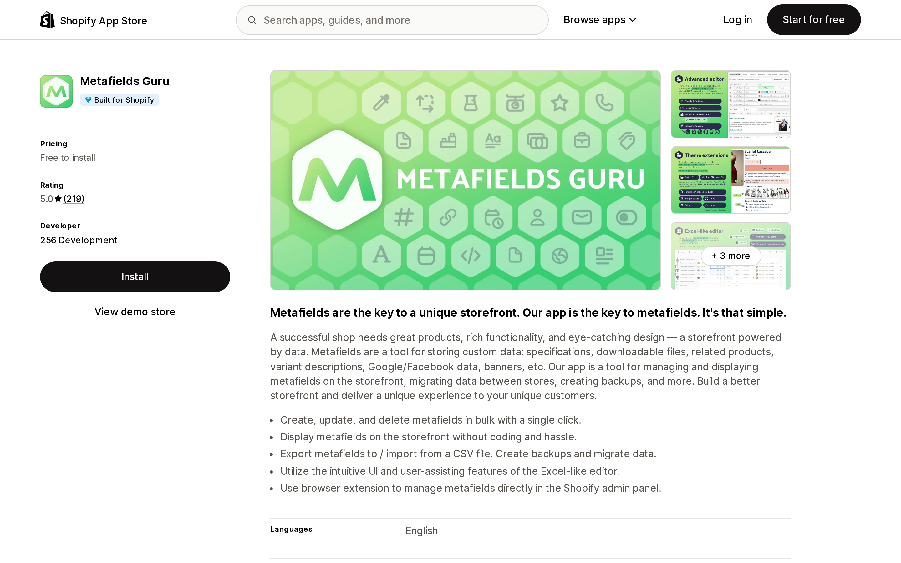 Shopify App Store listing for Metafields Guru, showing the Built for Shopify badge, Free to install pricing, and a 5.0 star rating from 219 reviews