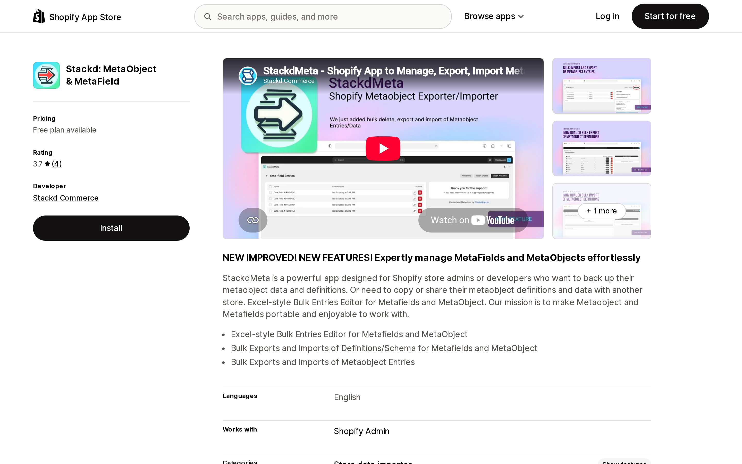 Shopify App Store listing for Stackd: MetaObject and MetaField, showing free pricing and a 3.7 star rating from 4 reviews