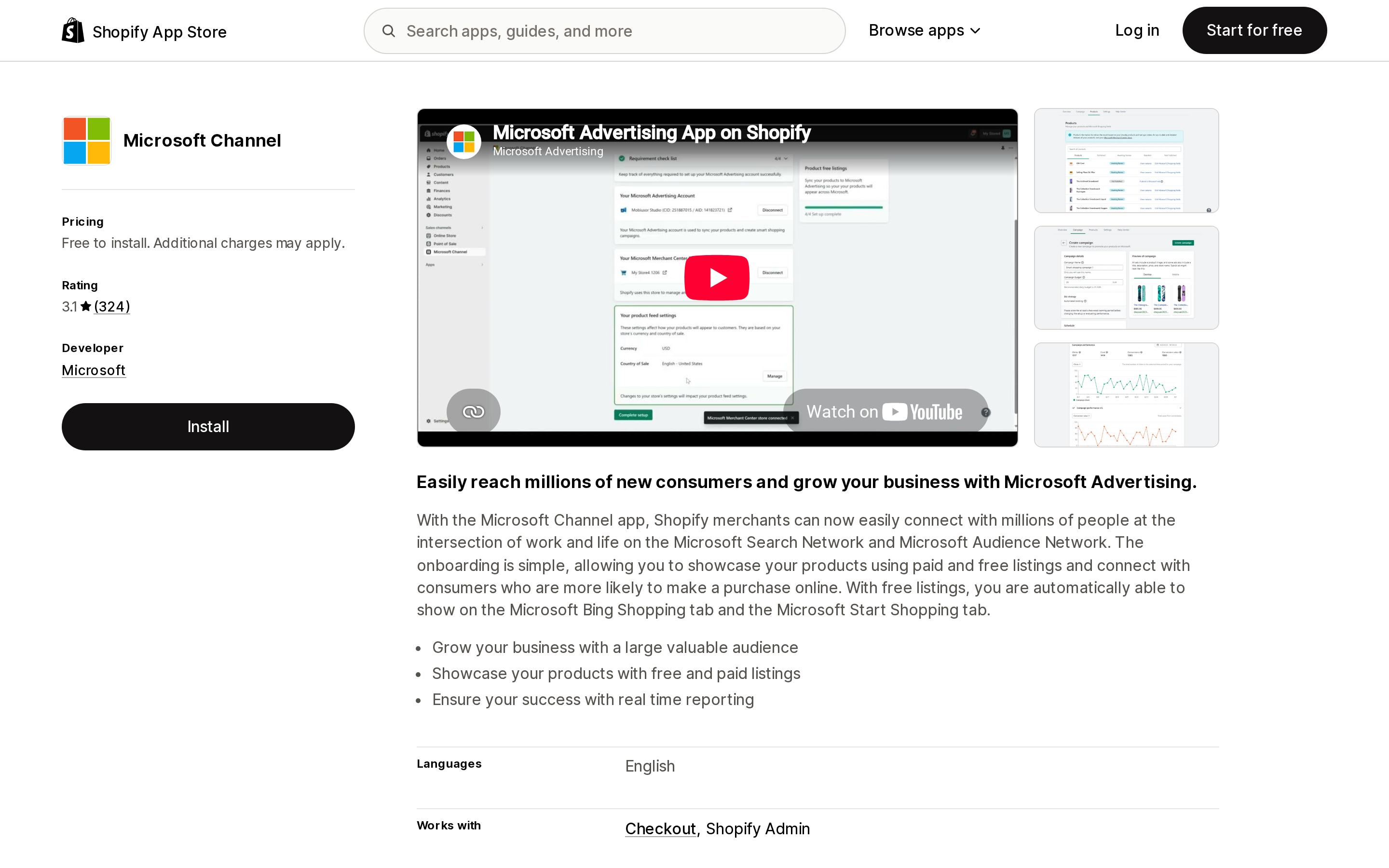Top of the Shopify App Store listing page for Microsoft Channel, the free Microsoft Advertising sales channel