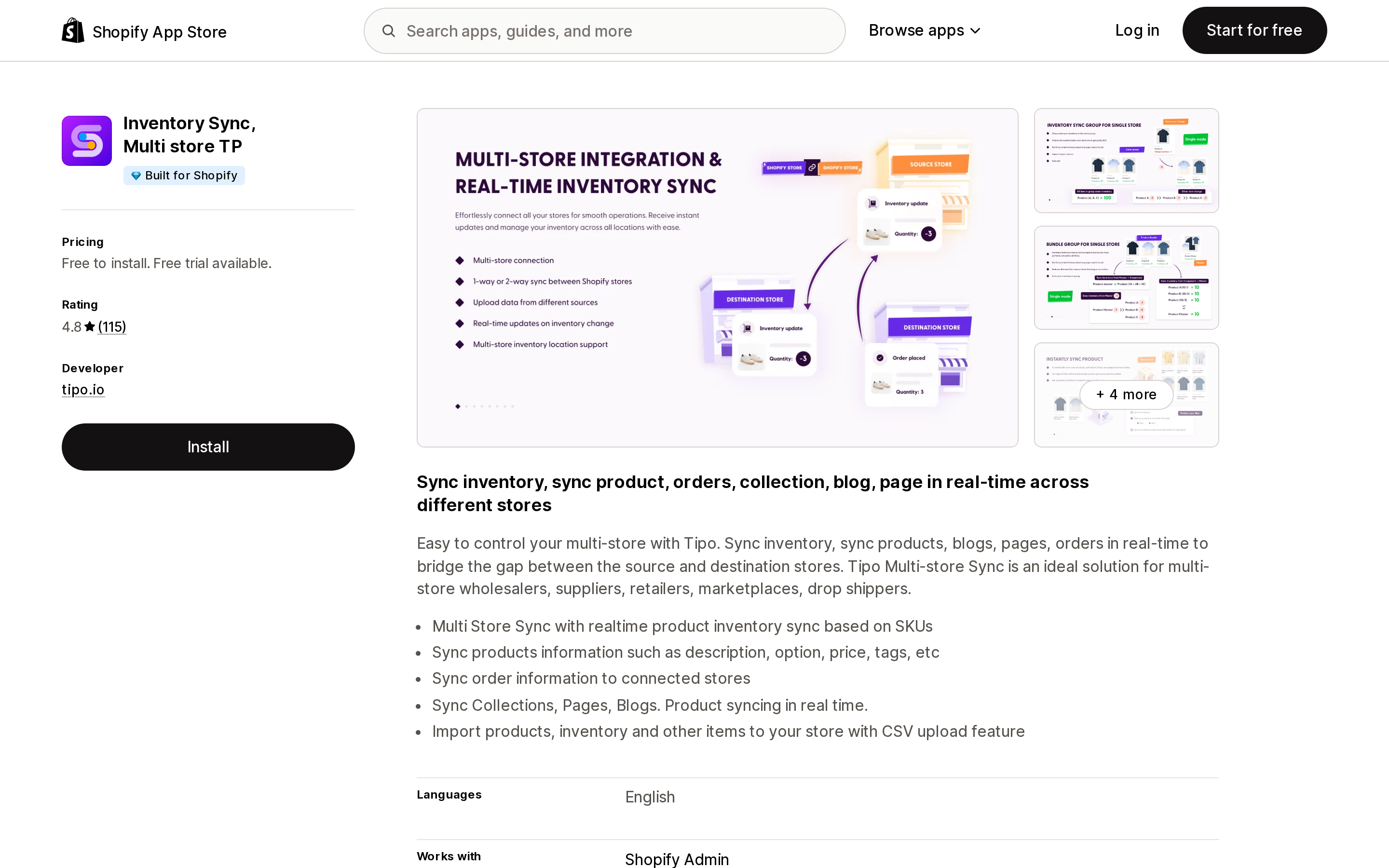 Top of the Shopify App Store listing page for Inventory Sync, Multi store TP by tipo.io, showing the Built for Shopify badge
