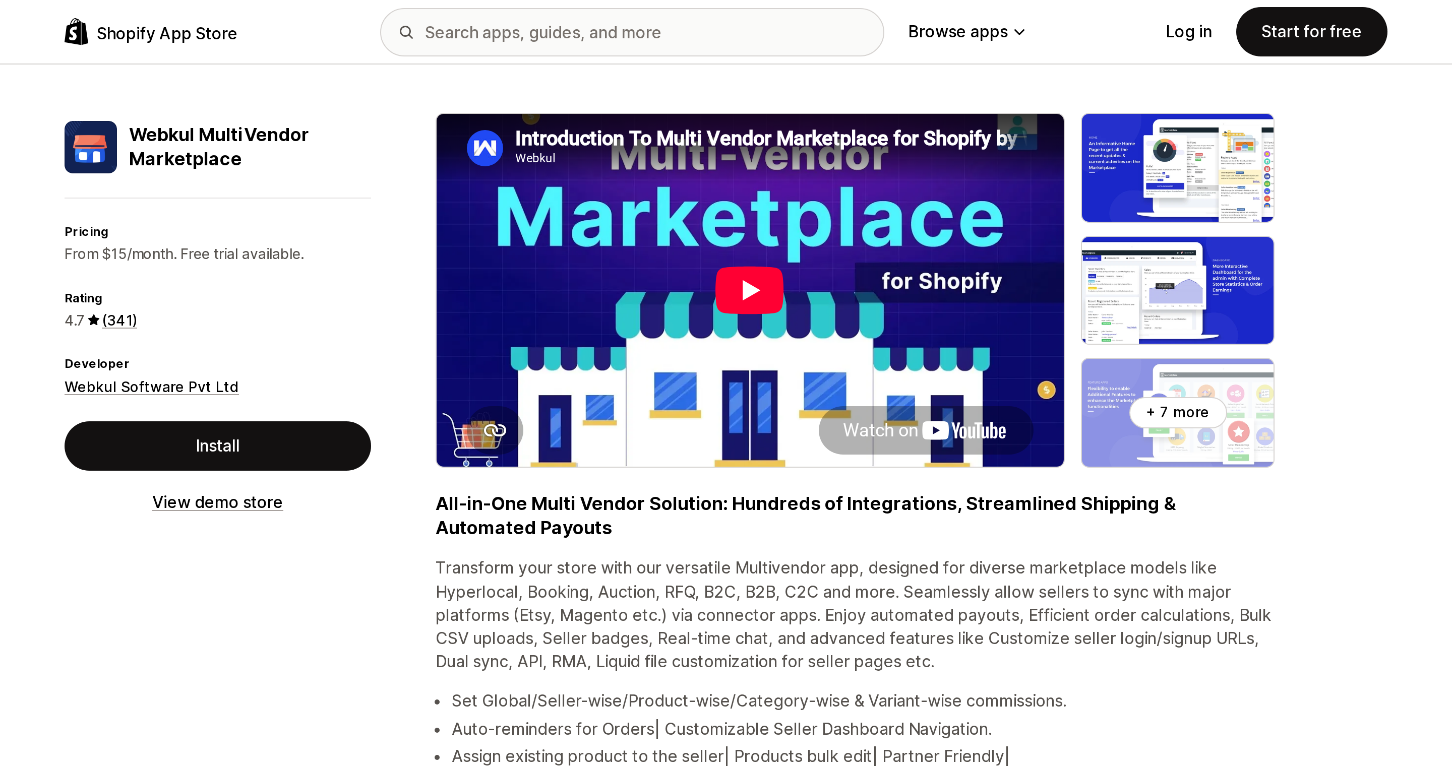 Top of the Shopify App Store listing page for Webkul MultiVendor Marketplace