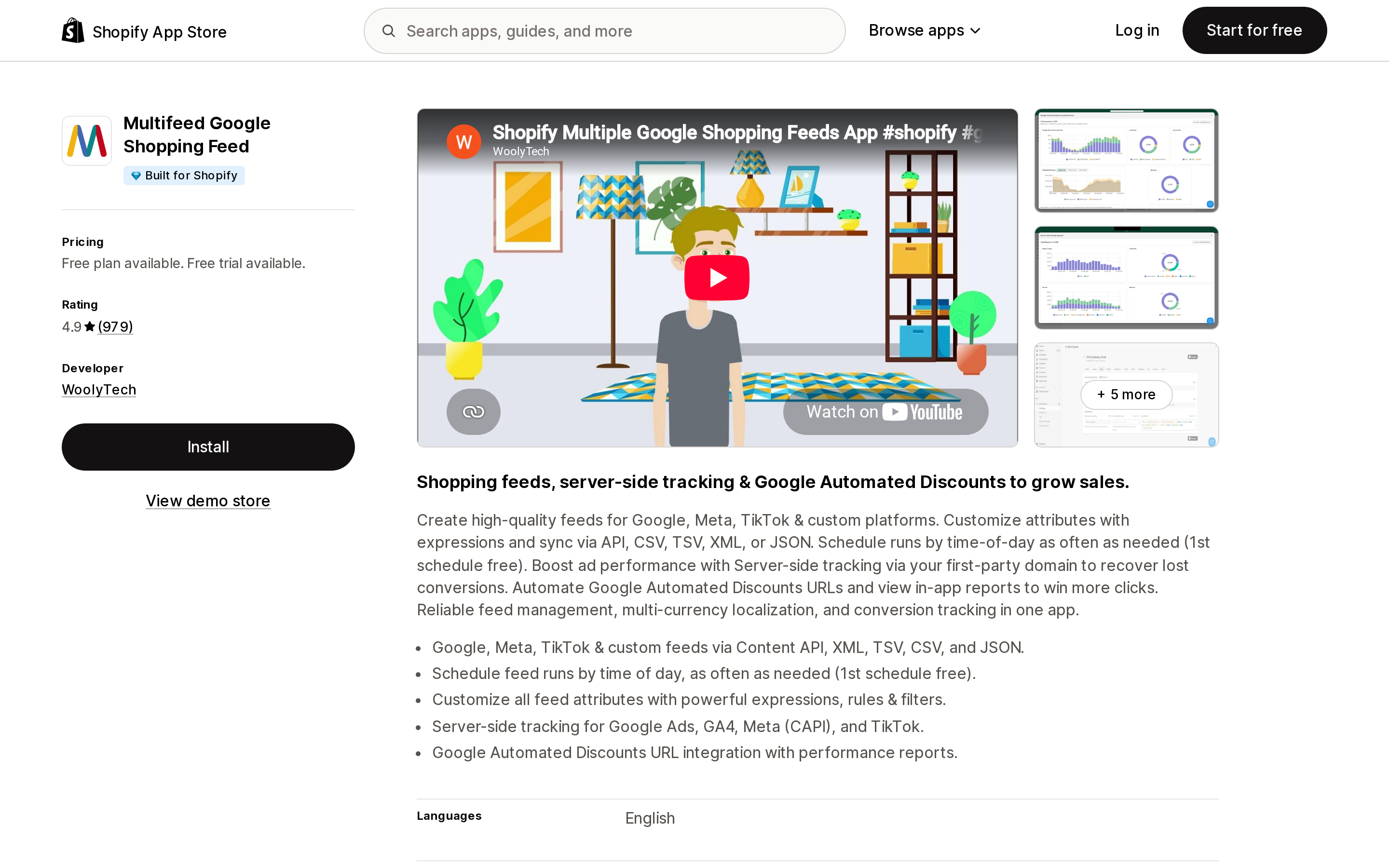 Top of the Shopify App Store listing page for Multifeed Google Shopping Feed by WoolyTech