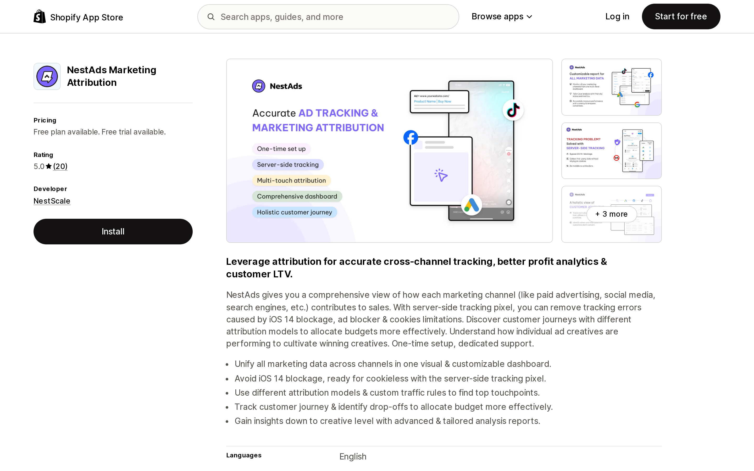 Top of the Shopify App Store listing page for NestAds Marketing Attribution