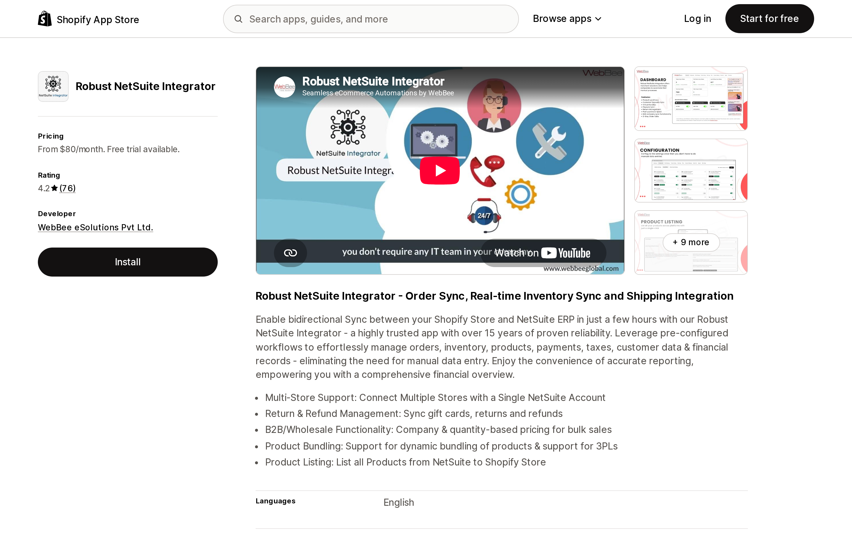 Top of the Shopify App Store listing page for Robust NetSuite Integrator