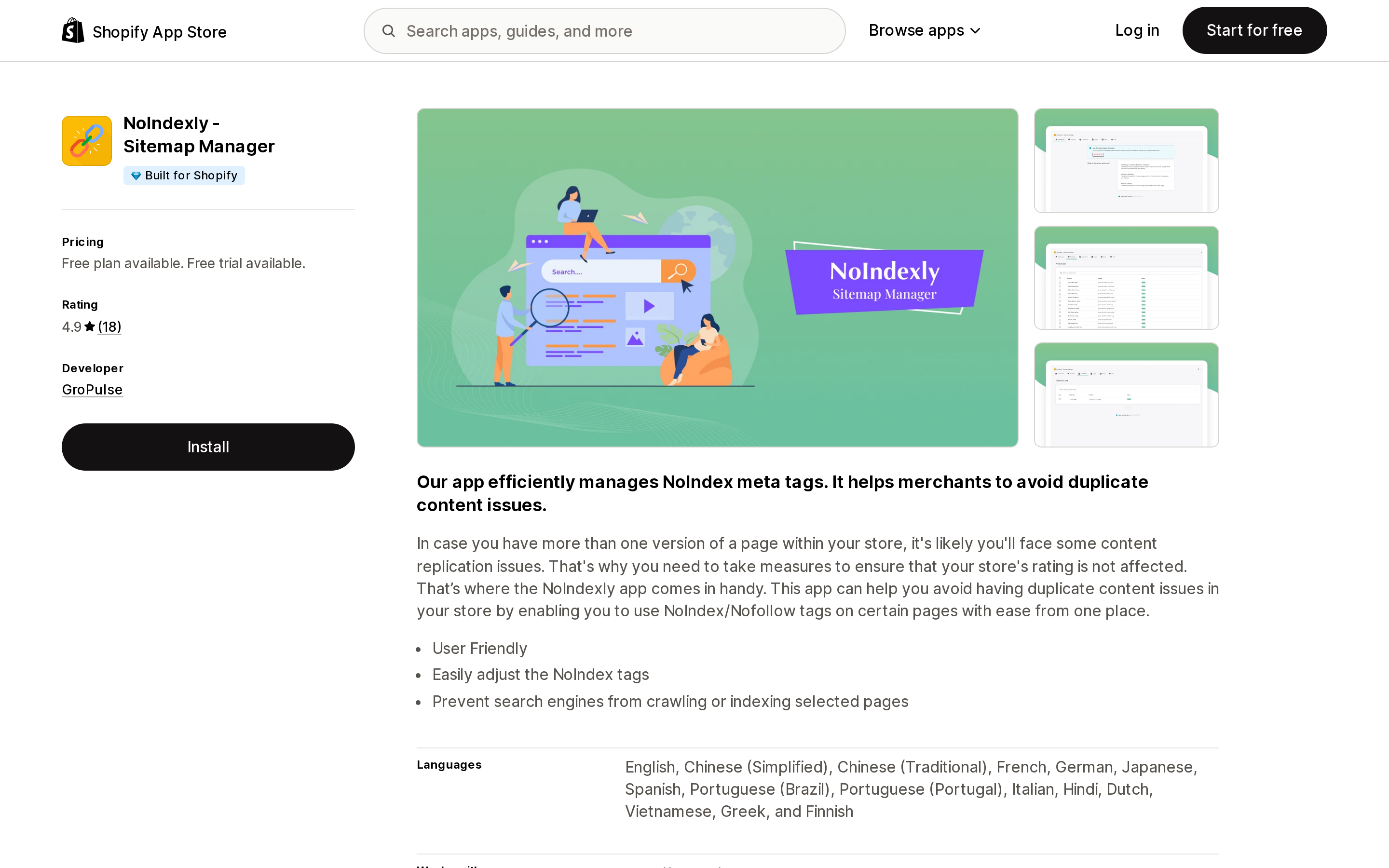 Top of the Shopify App Store listing page for NoIndexly ‑ Sitemap Manager by GroPulse