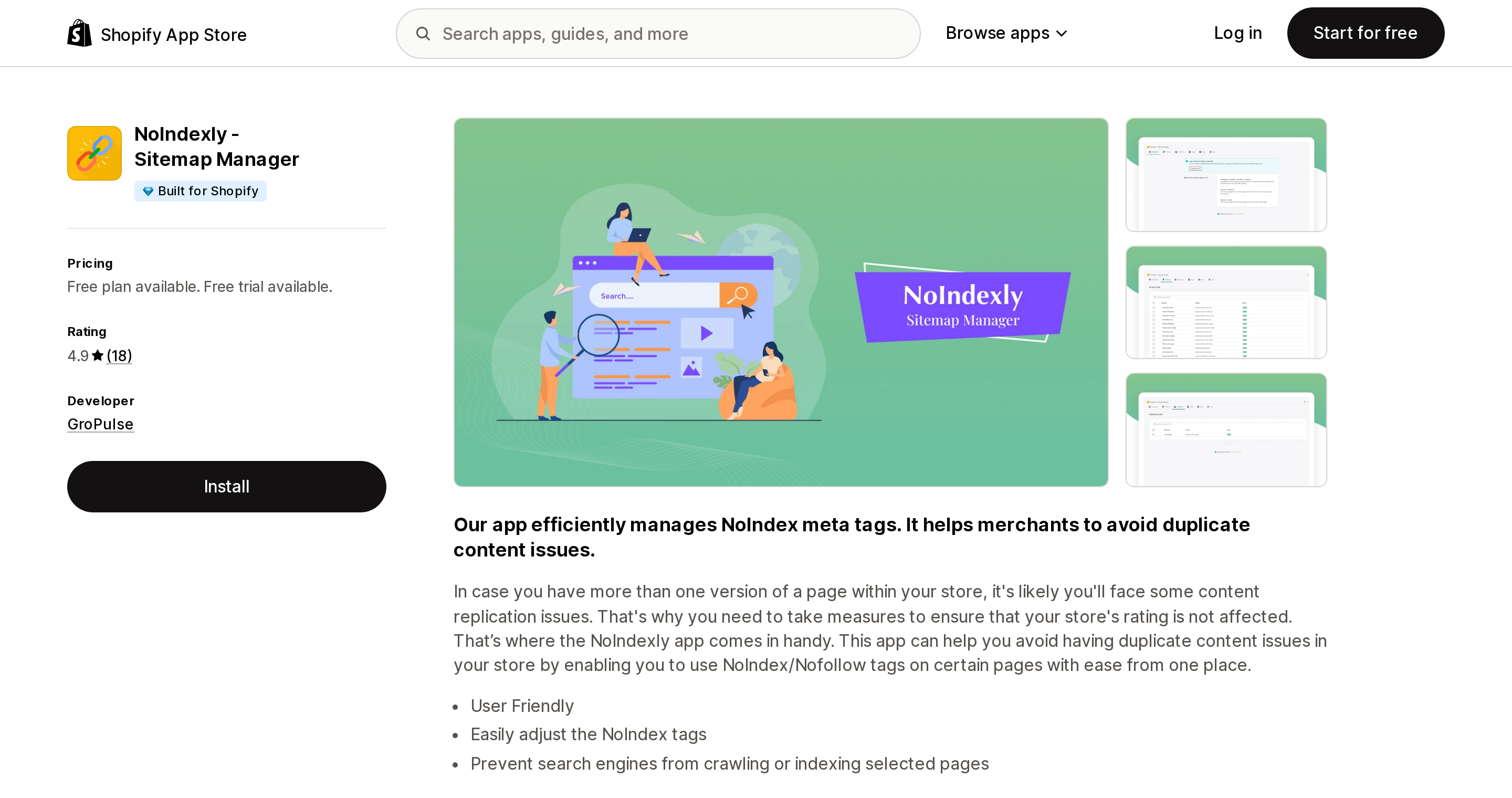 Top of the Shopify App Store listing page for NoIndexly ‑ Sitemap Manager