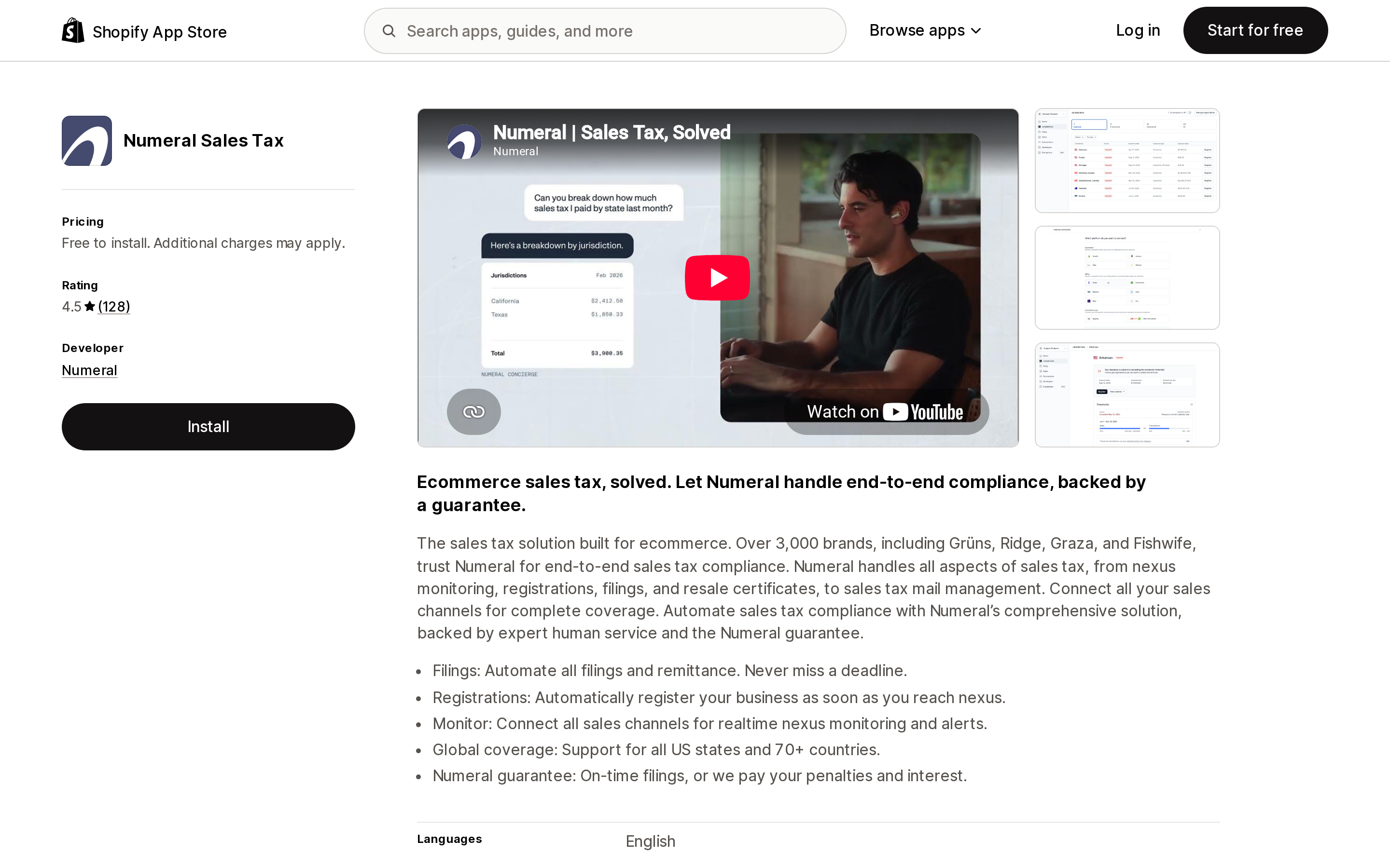 Top of the Shopify App Store listing page for Numeral Sales Tax