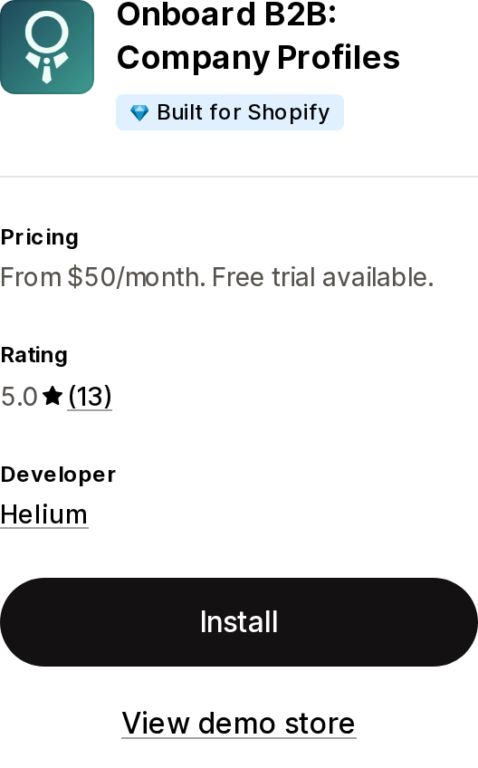 Top of the Shopify App Store listing page for Onboard B2B: Company Profiles by Helium