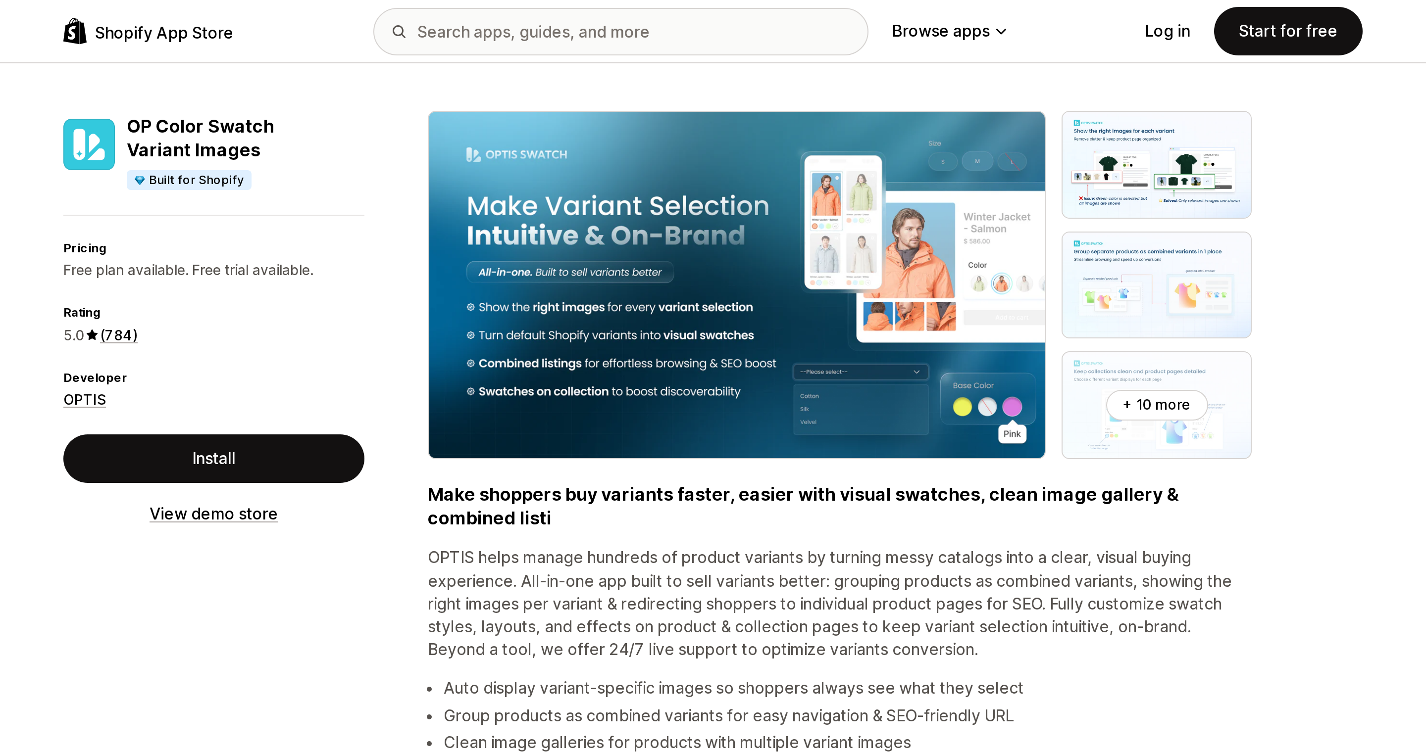 Top of the Shopify App Store listing page for OP Color Swatch Variant Images