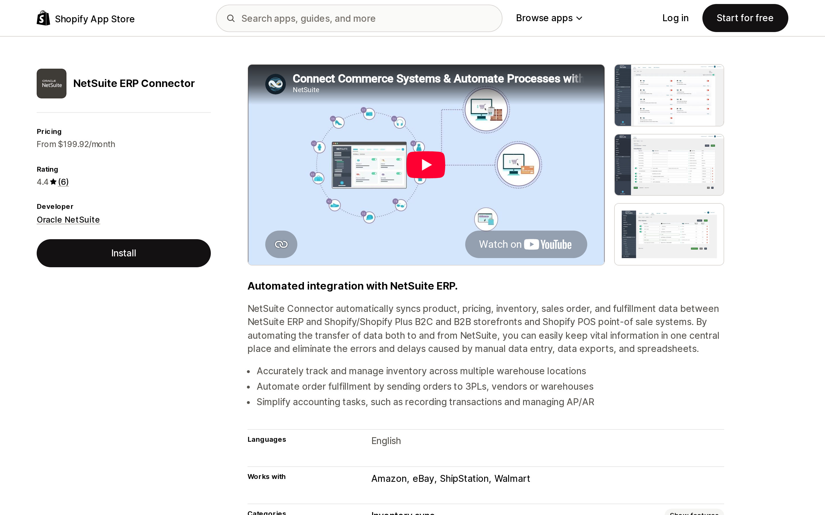 Top of the Shopify App Store listing page for NetSuite ERP Connector