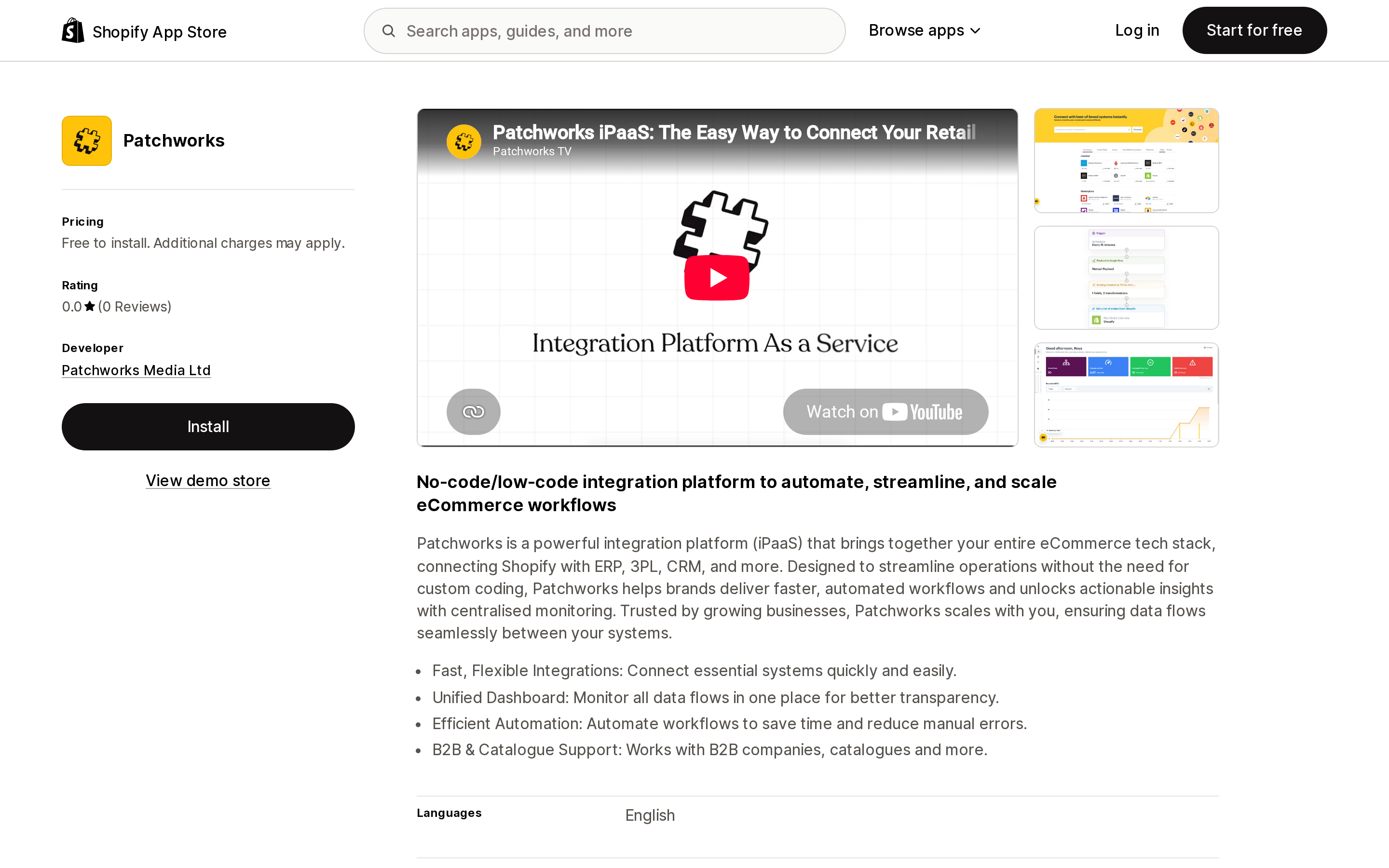 Top of the Shopify App Store listing page for Patchworks