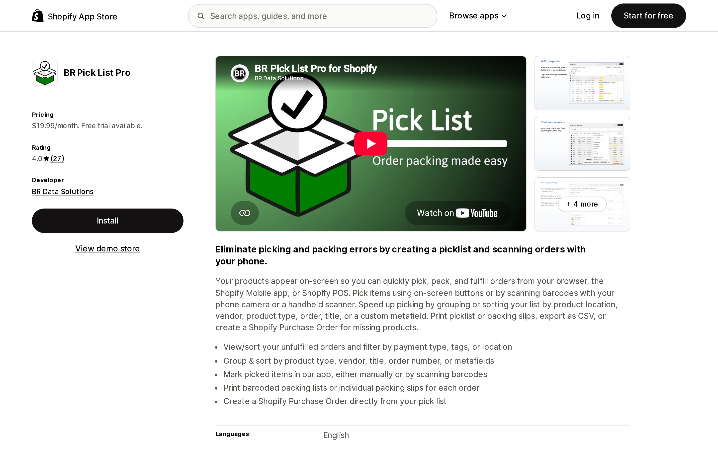 Top of the Shopify App Store listing page for BR Pick List Pro