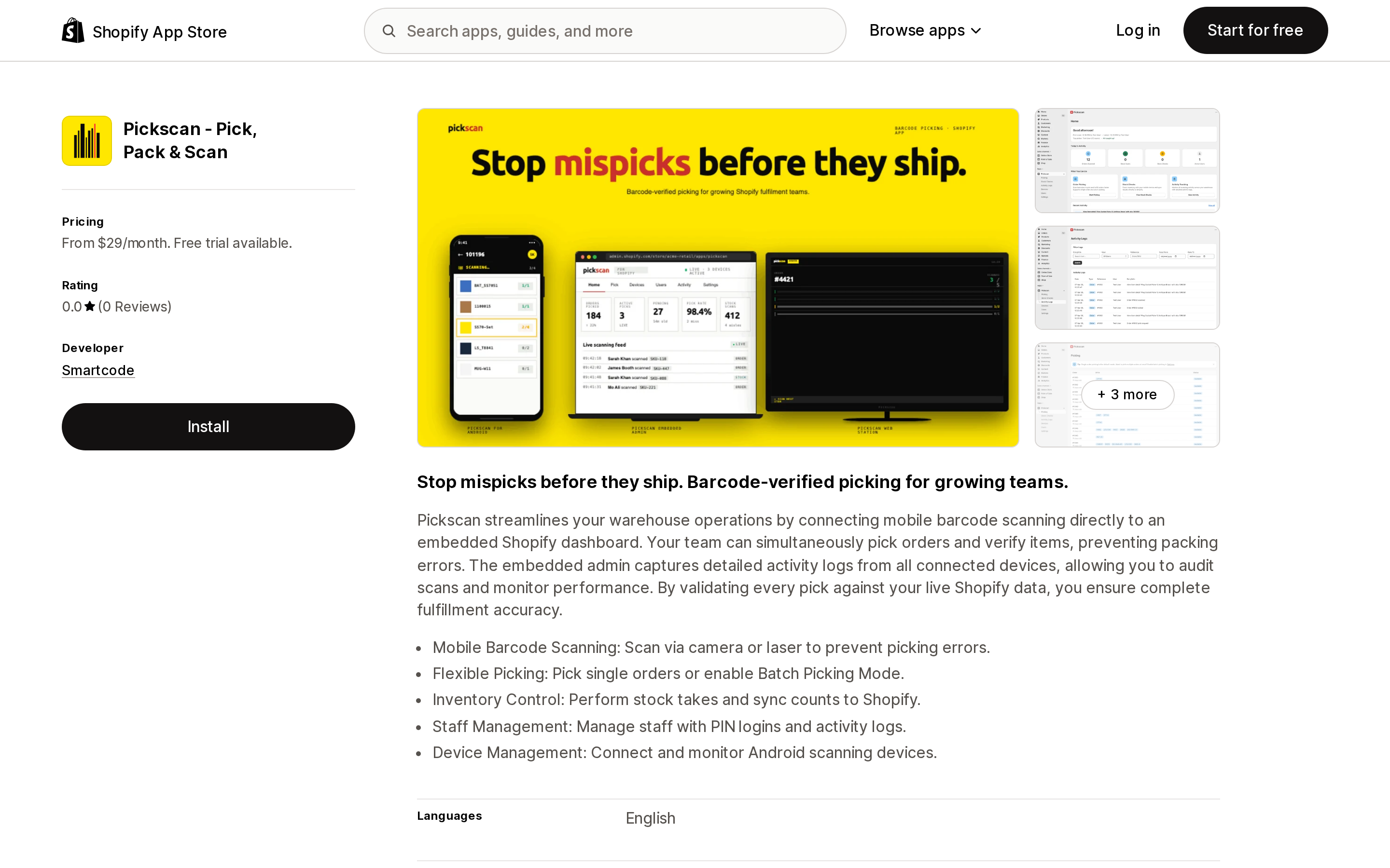 Top of the Shopify App Store listing page for Pickscan ‑ Pick, Pack & Scan
