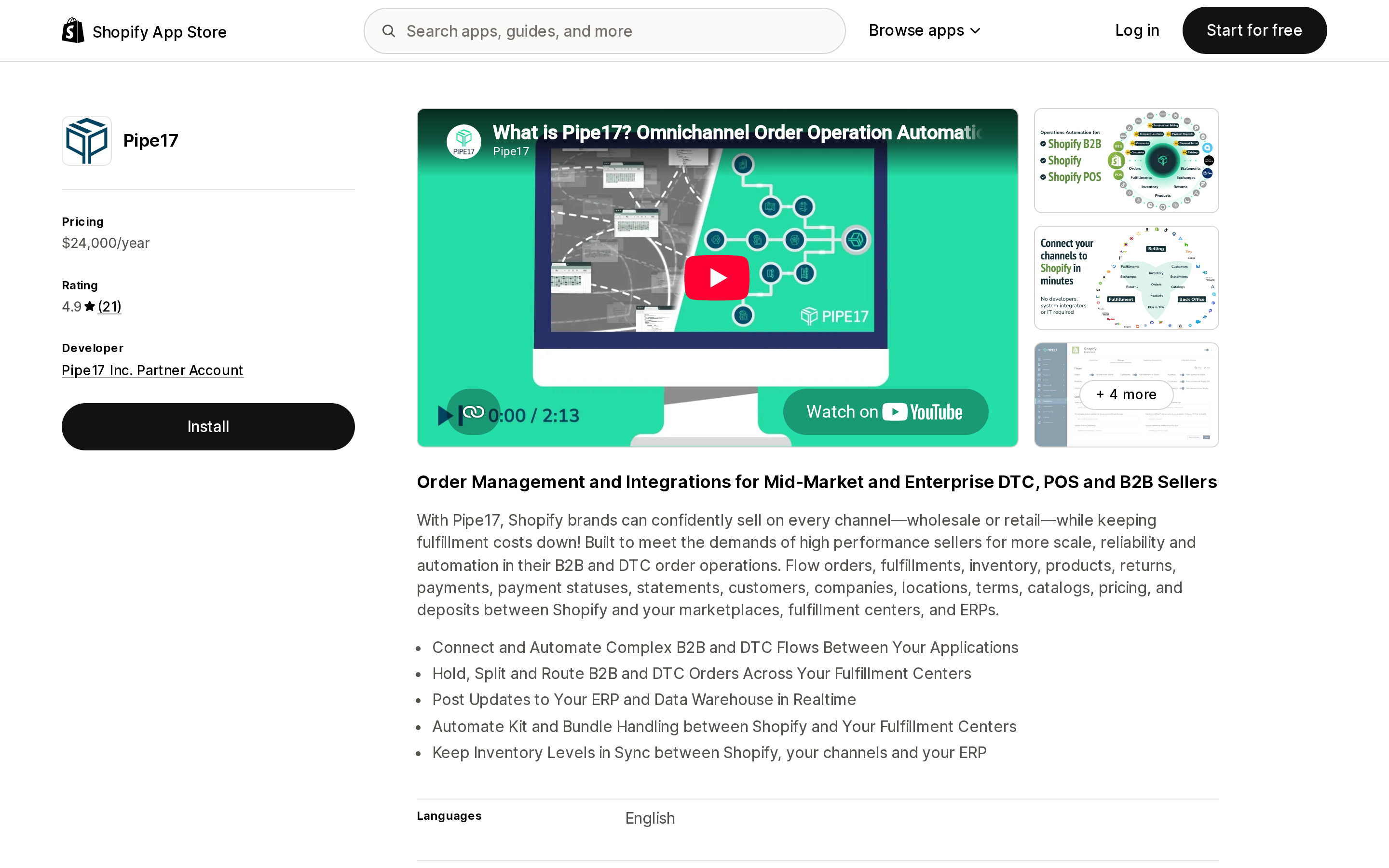 Top of the Shopify App Store listing page for Pipe17